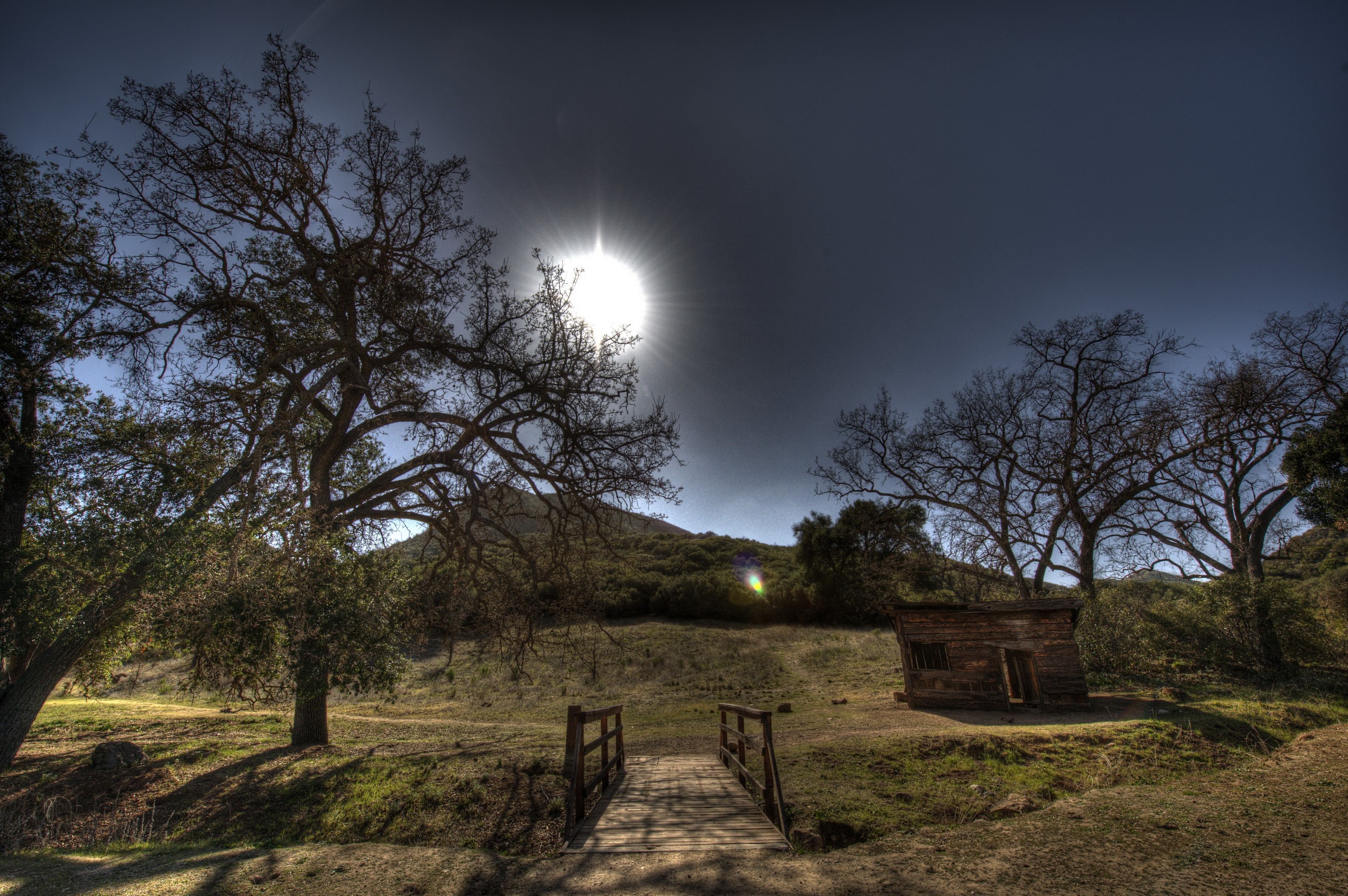 Wooden bridge and cabin in a sunny landscape with trees HD Wallpaper