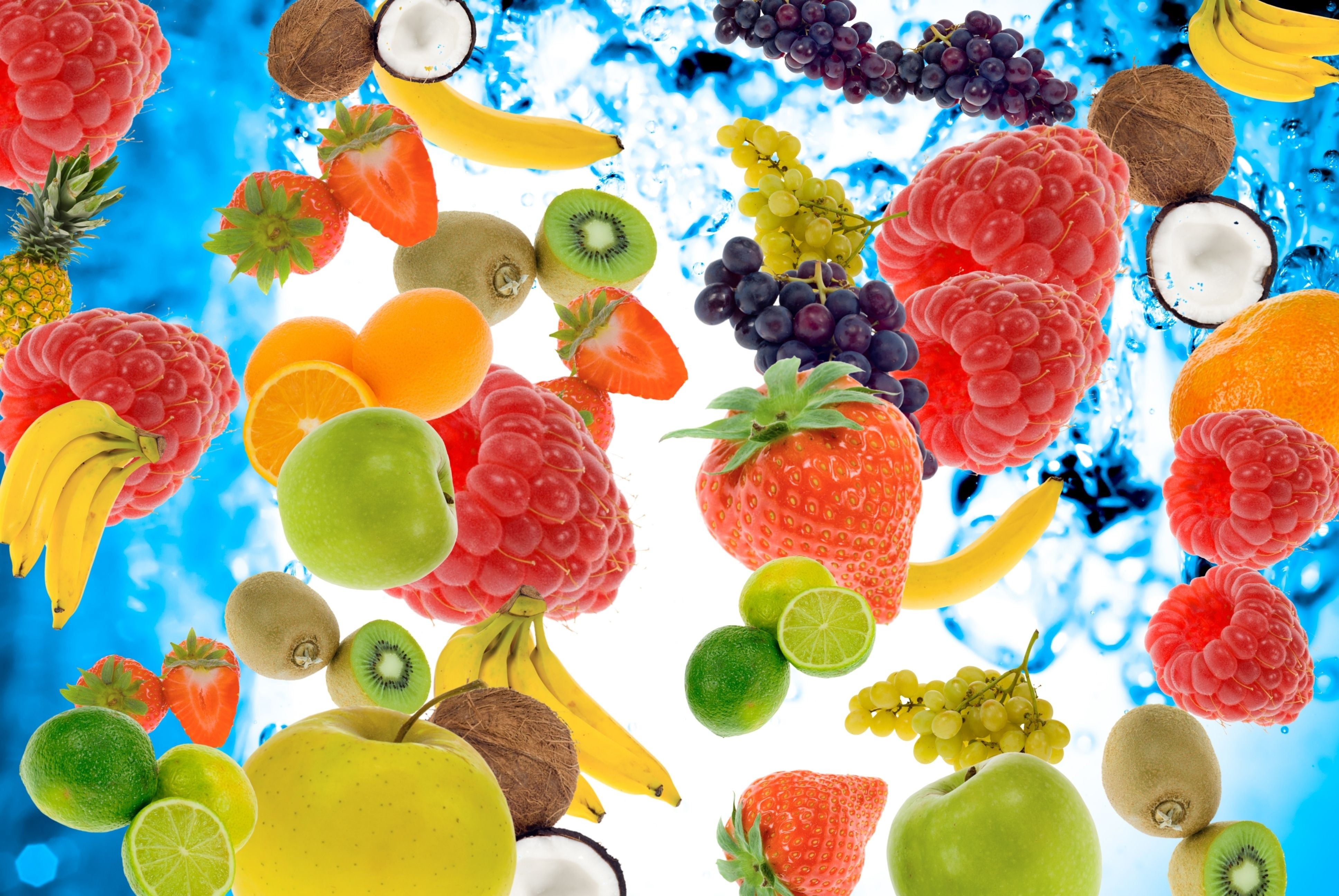 4K Fruit Assortment: Raspberries, Grapes, Bananas, and More HD Wallpaper