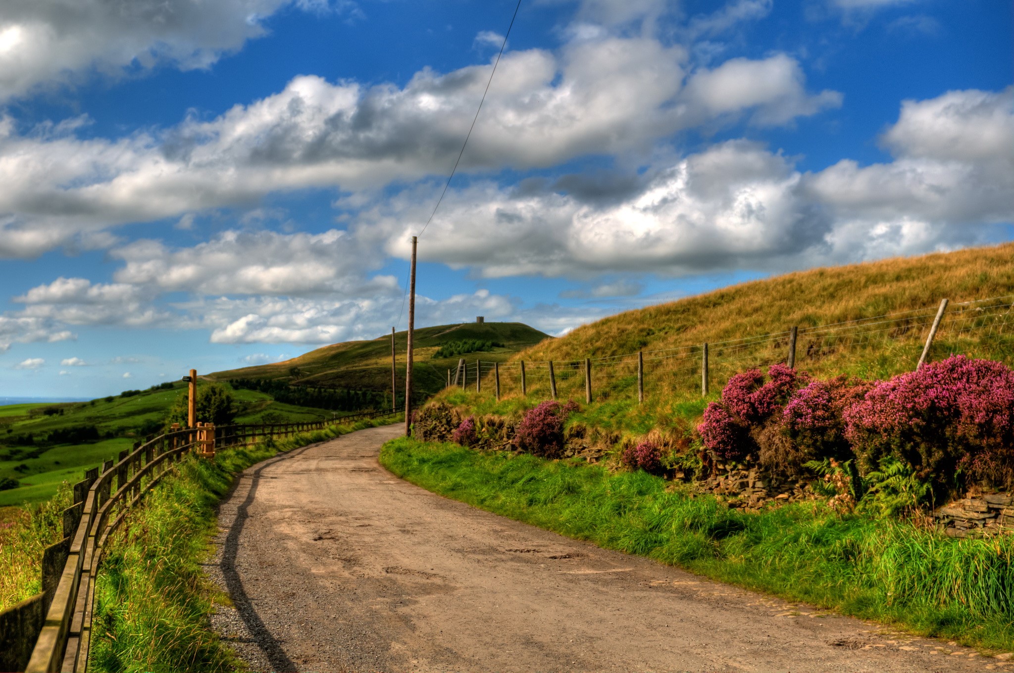 Road through rolling hills under a cloudy sky HD Wallpaper