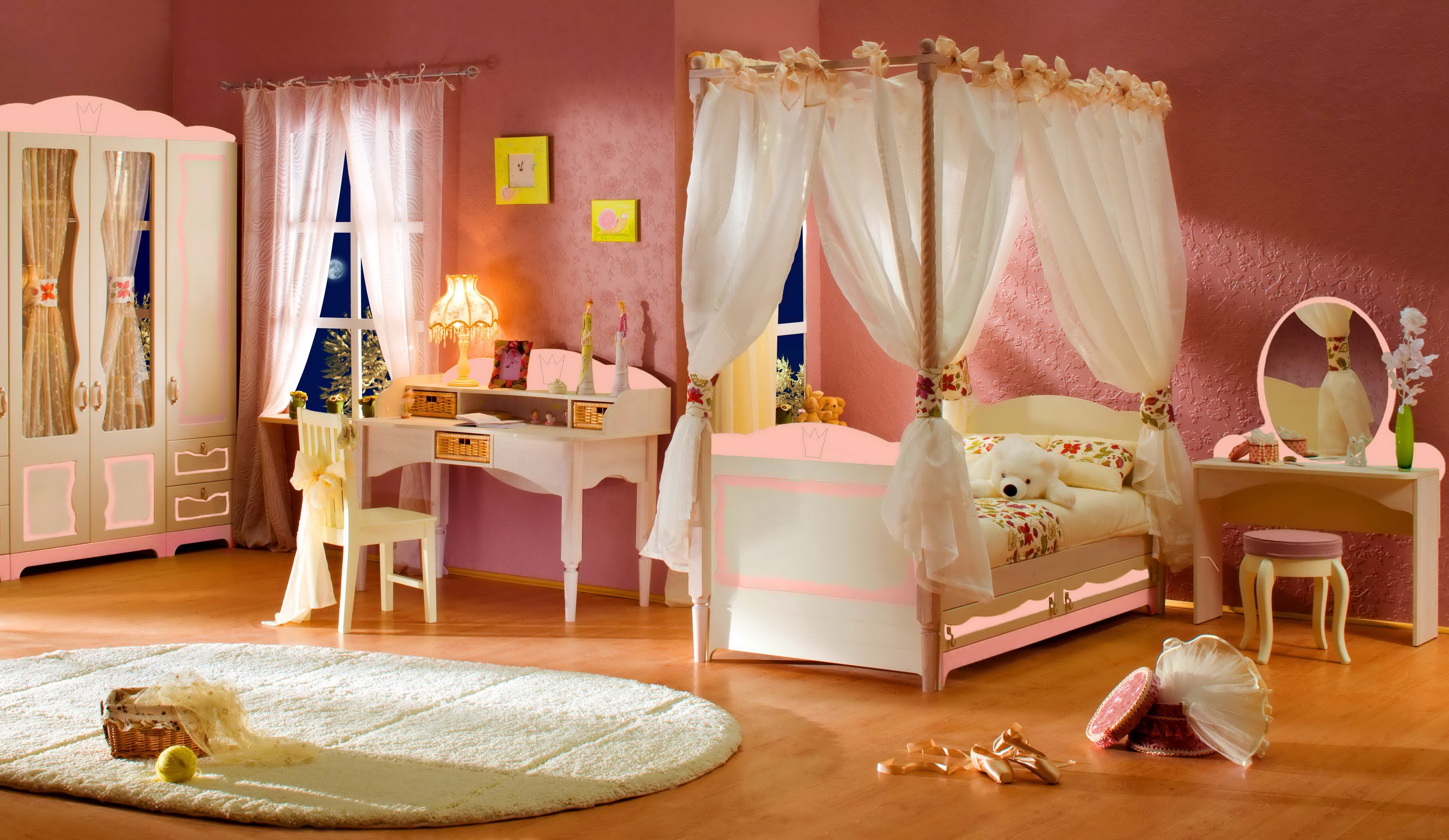 Girl's bedroom with canopy bed and vanity HD Wallpaper