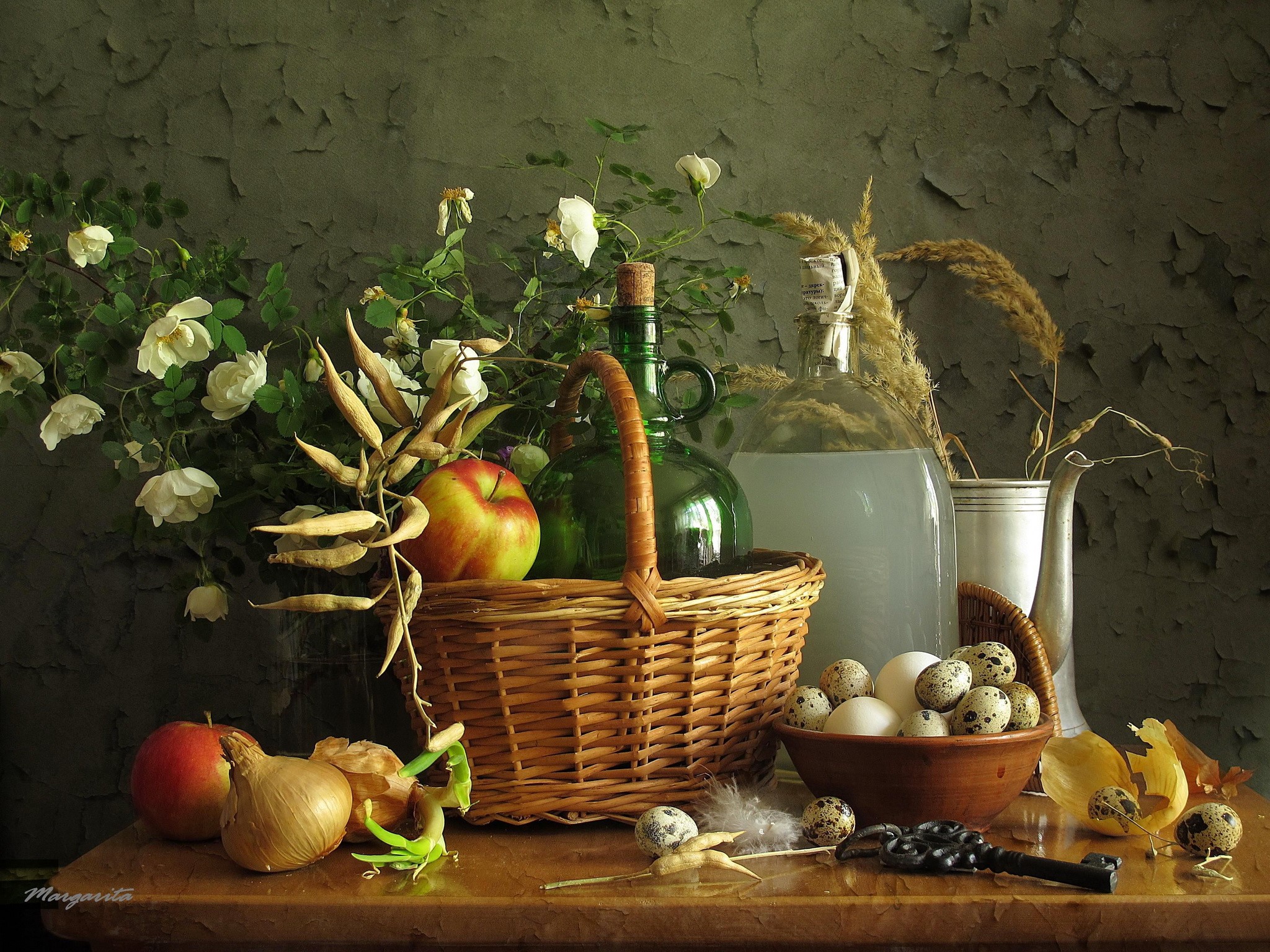 Still-life with apples, eggs, and flowers HD Wallpaper