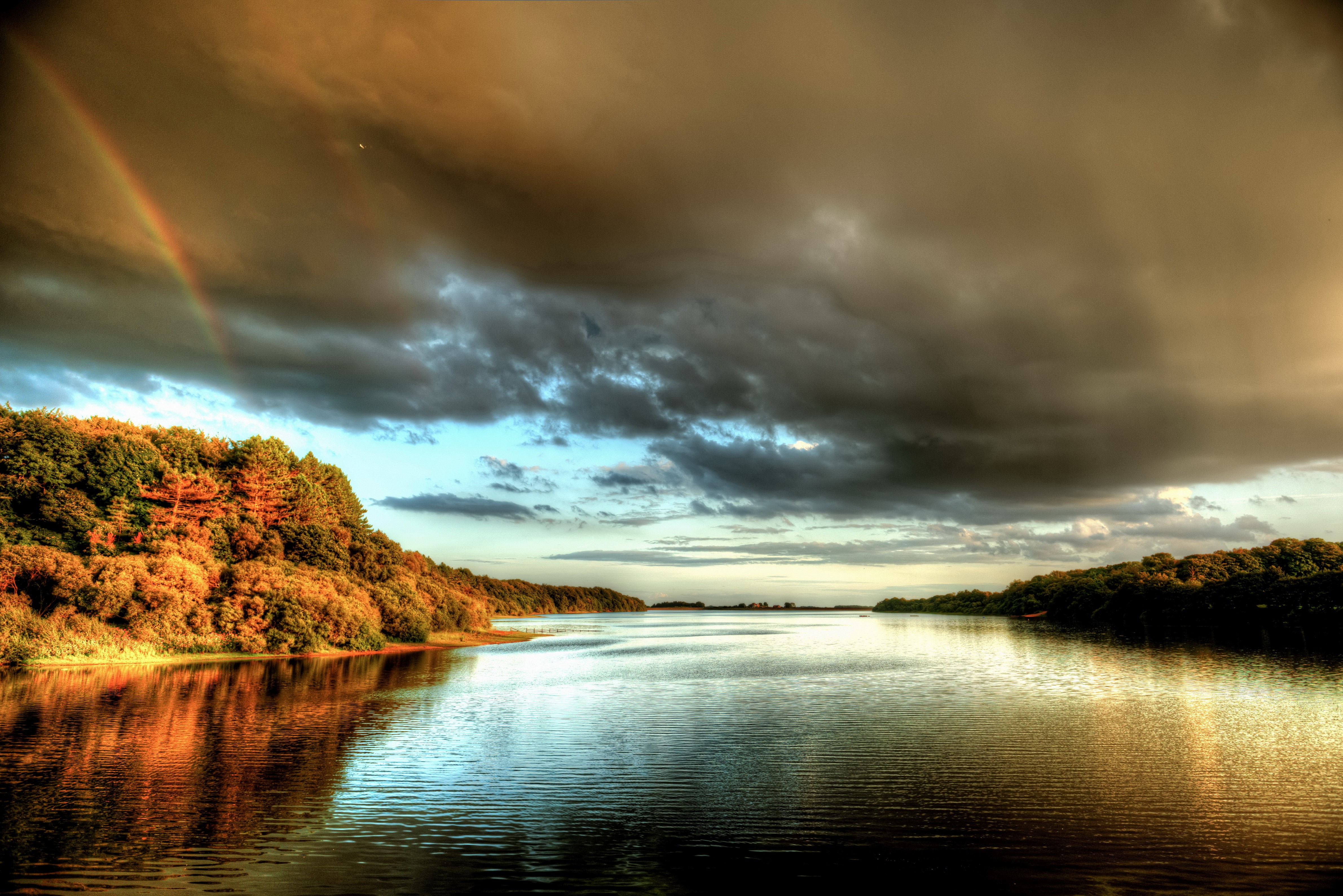 River in England with Rainbow and Clouds HD Wallpaper