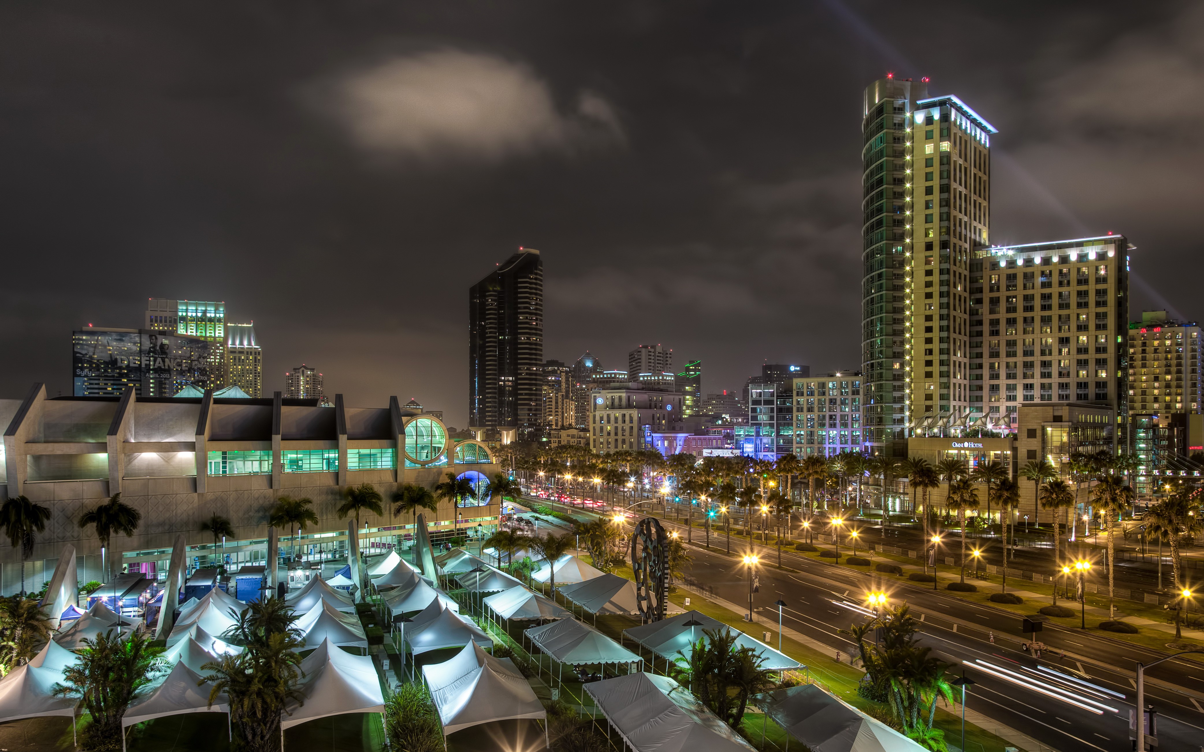 Night view of San Diego, California skyline with convention center HD Wallpaper