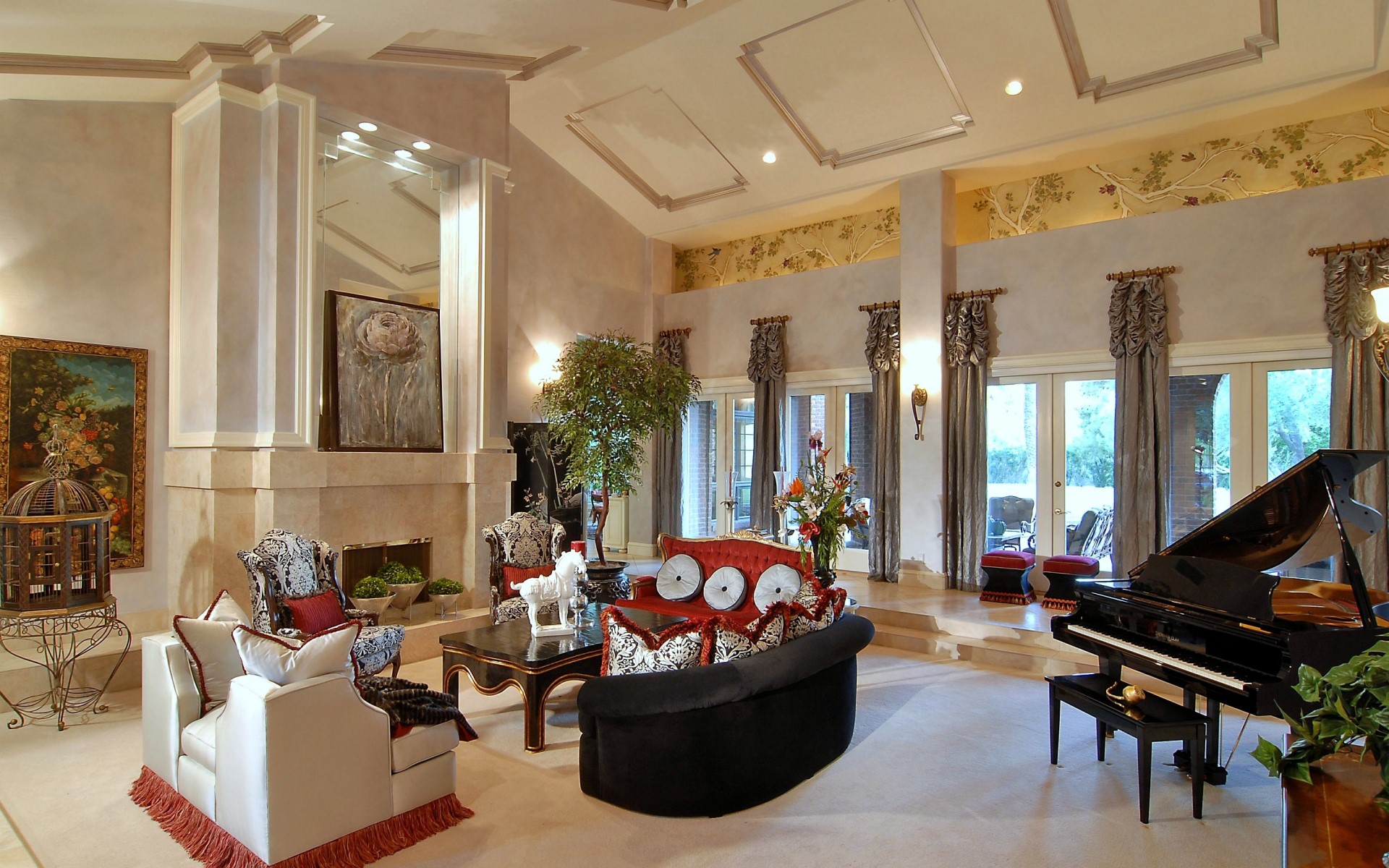 Luxurious living room with grand piano and fireplace HD Wallpaper