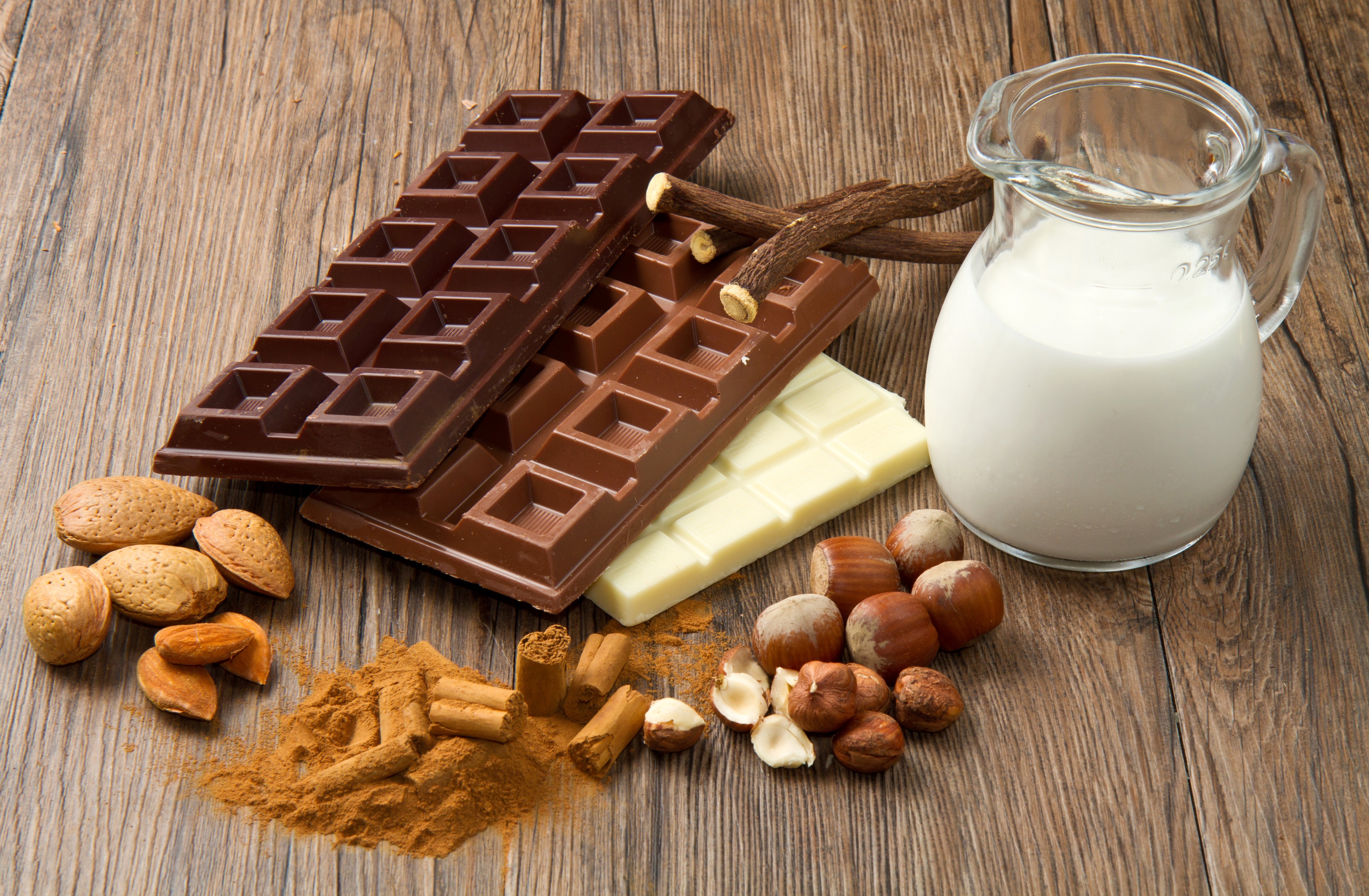 Still-life of chocolate bars, nuts, and milk HD Wallpaper
