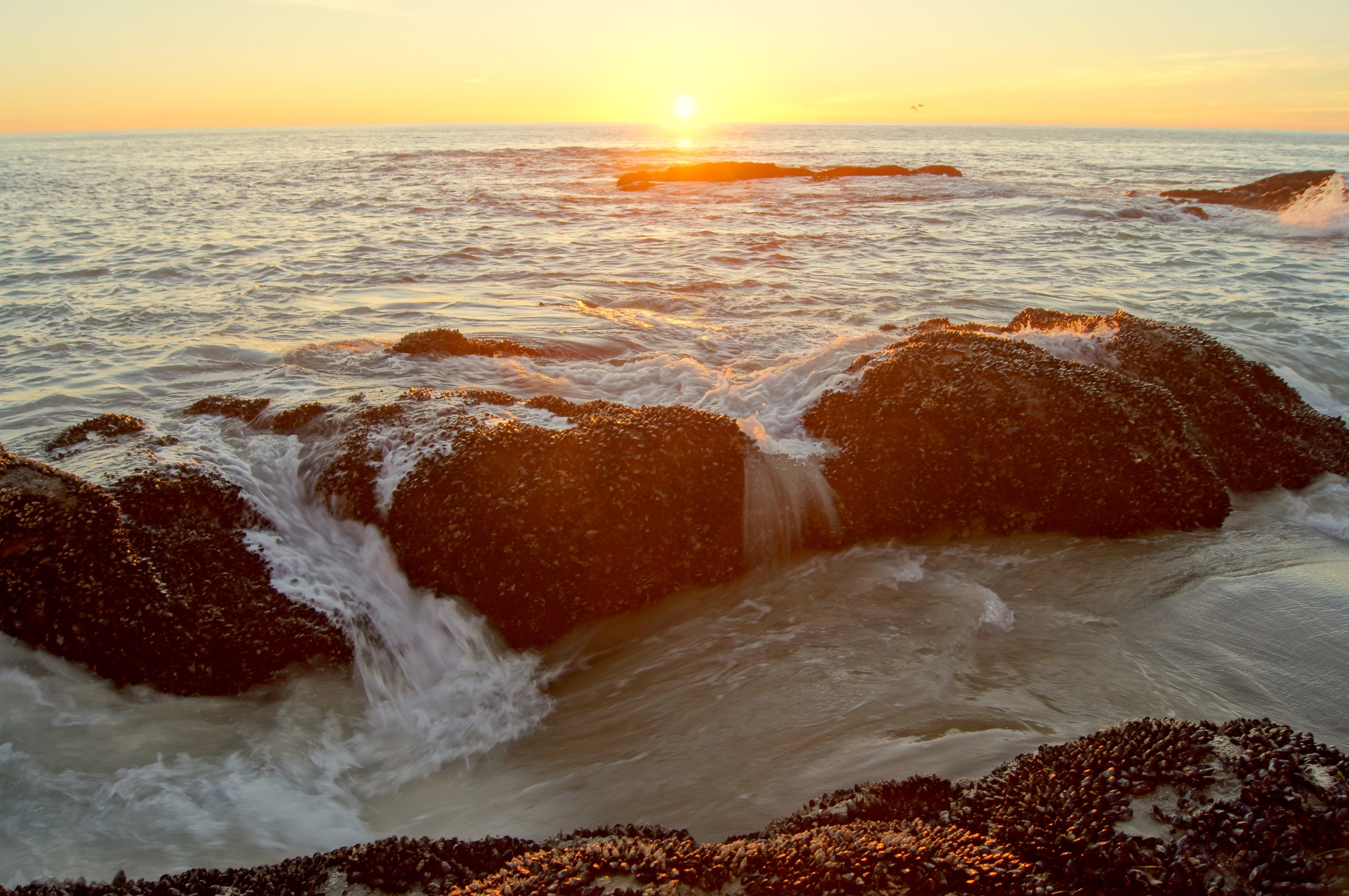 Sunset over the ocean with waves crashing on rocks HD Wallpaper