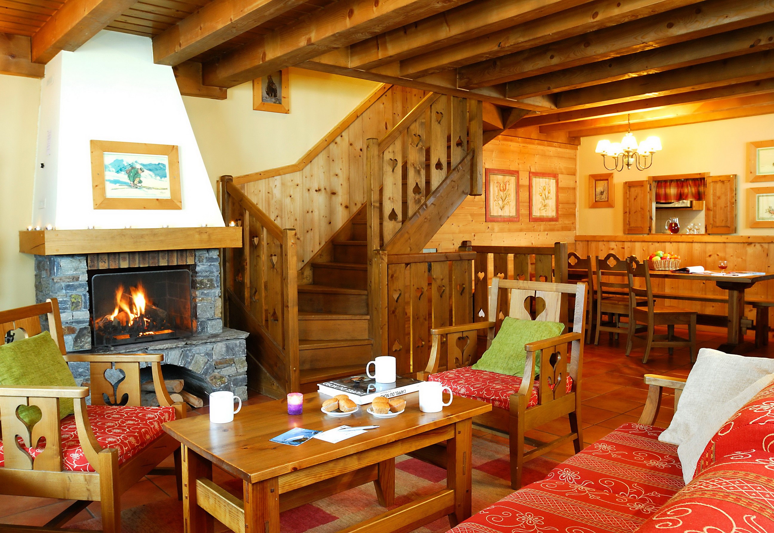 Cozy wooden living room with fireplace and stairs HD Wallpaper