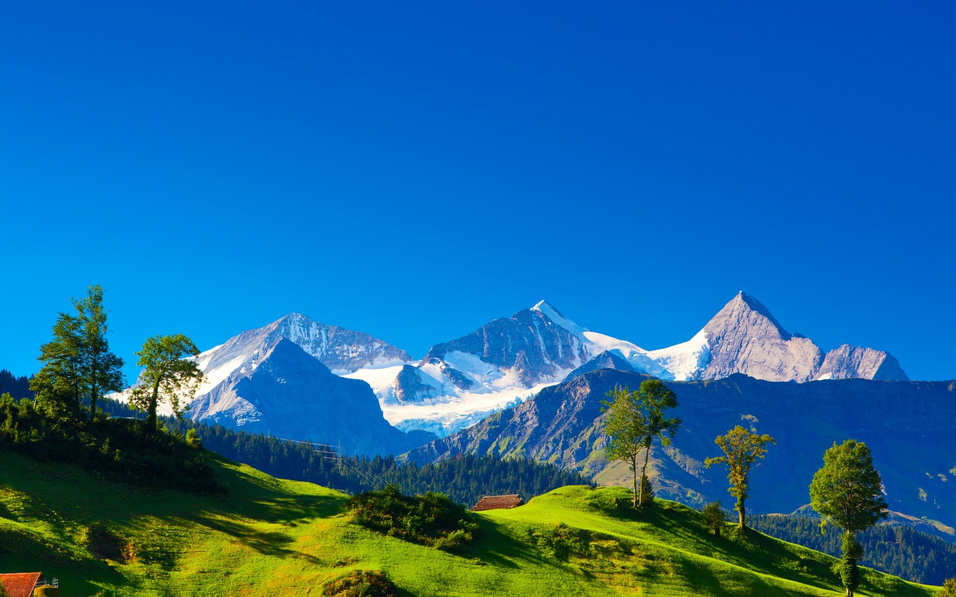 Snow-capped mountains under a clear blue sky HD Wallpaper