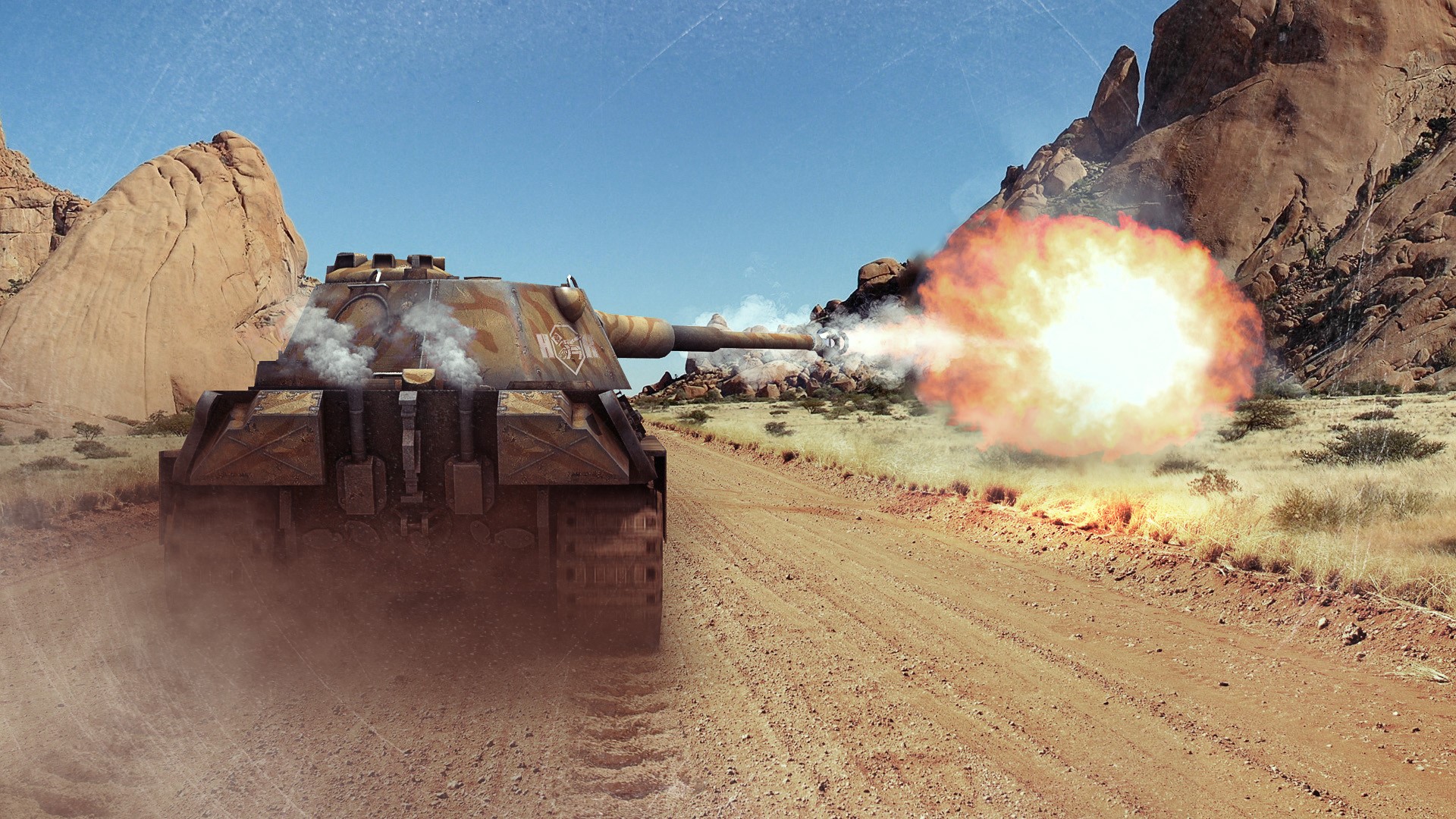Panther tank firing in a desert landscape HD Wallpaper