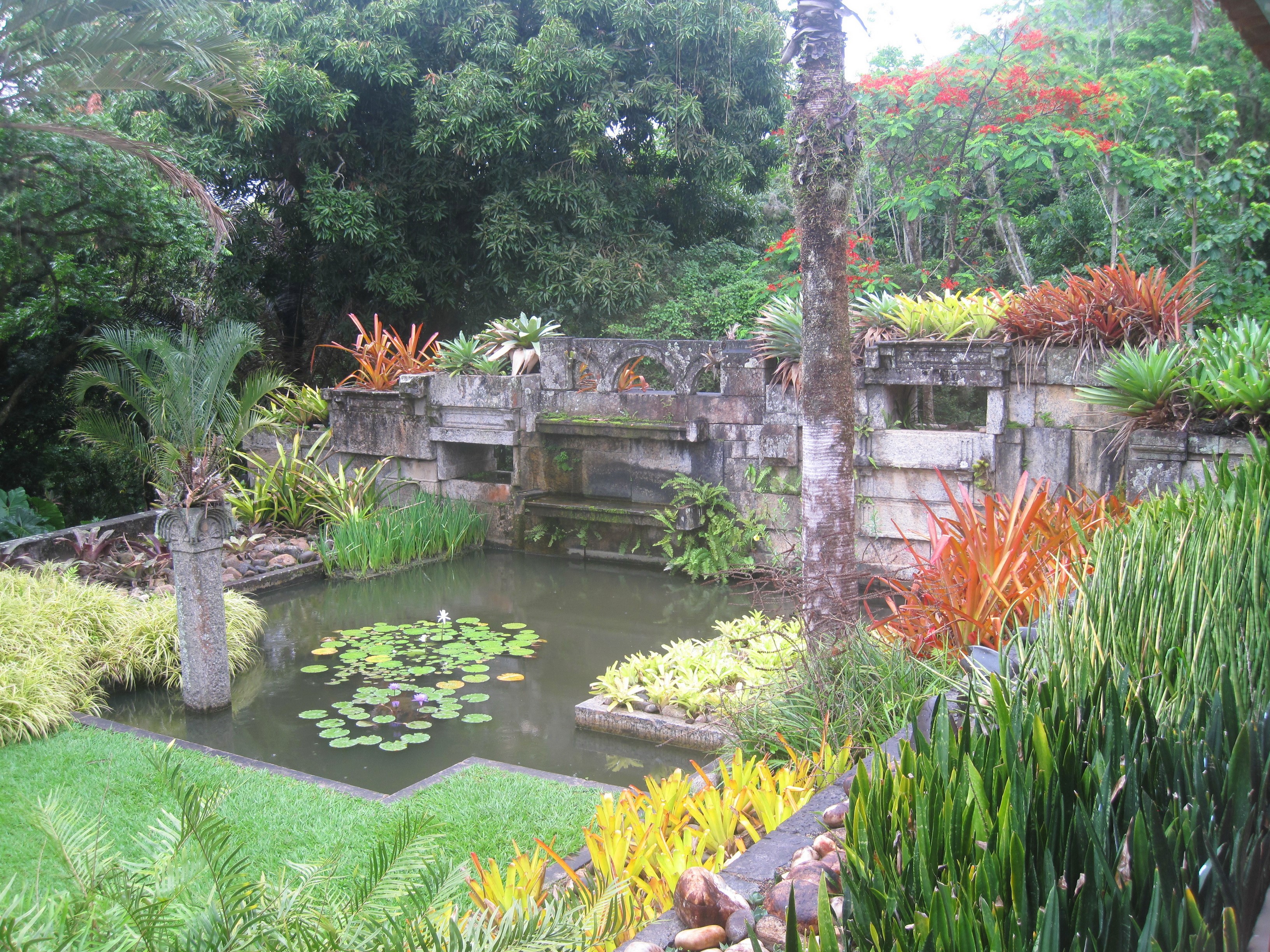 Stone garden structure with a pond and tropical plants HD Wallpaper