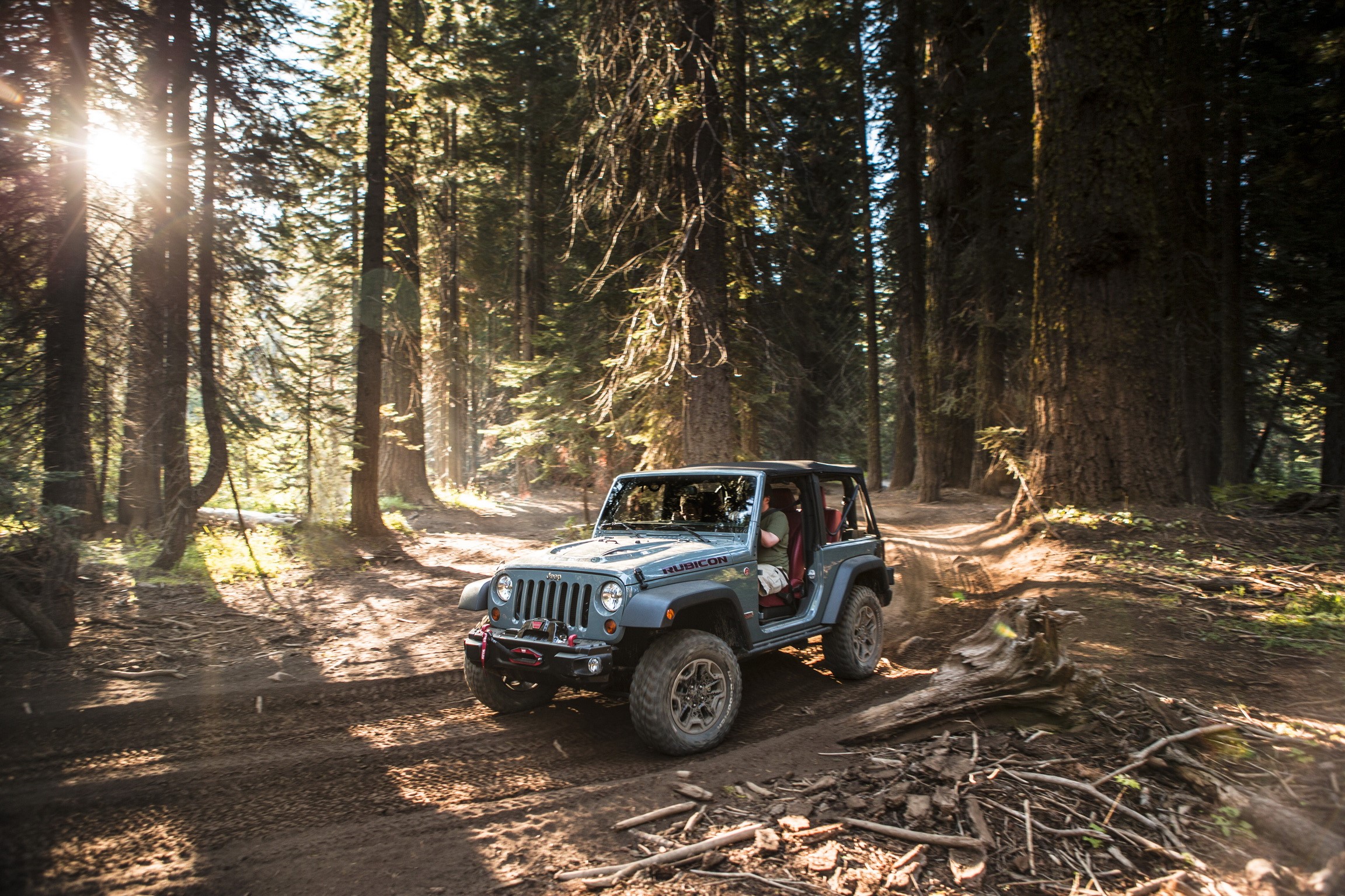 Jeep Wrangler Rubicon driving on forest road HD Wallpaper