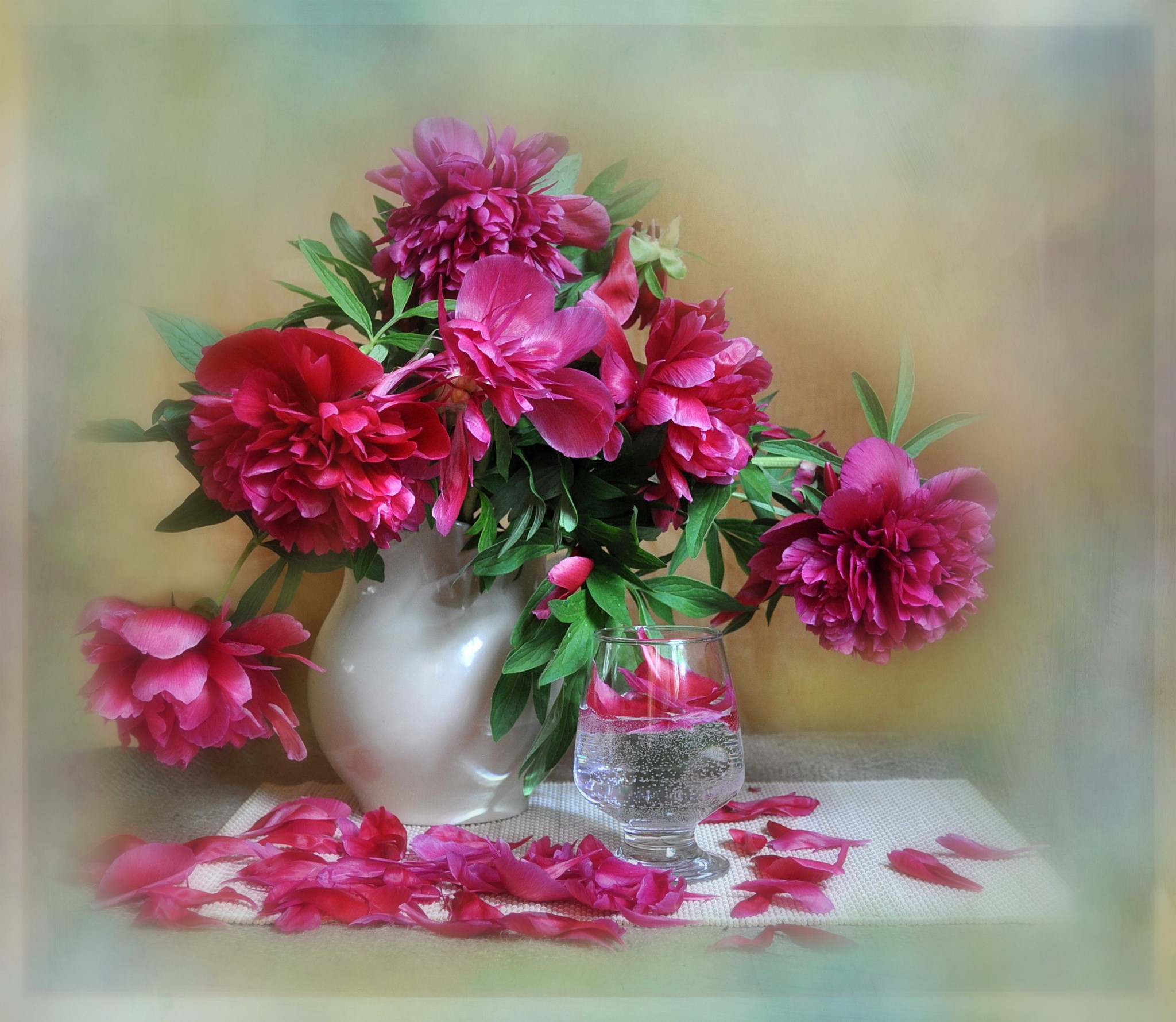 Pink Peonies in a White Vase with Fallen Petals HD Wallpaper