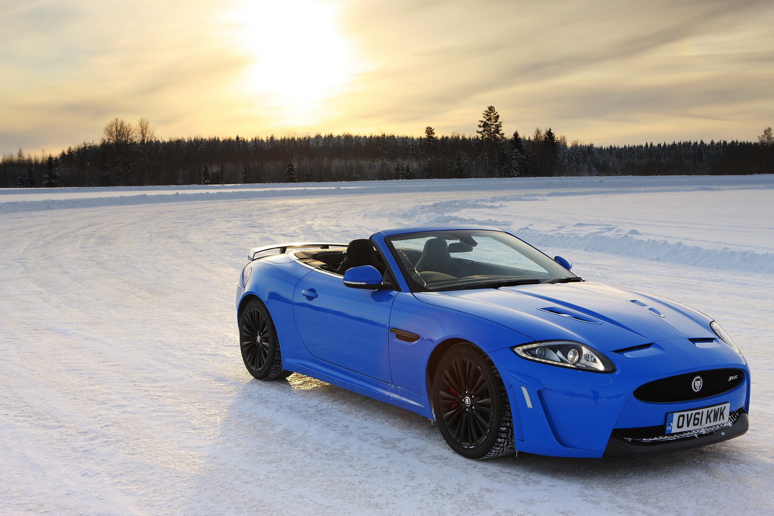 Blue 2012 Jaguar XKR-S Convertible on Snow HD Wallpaper