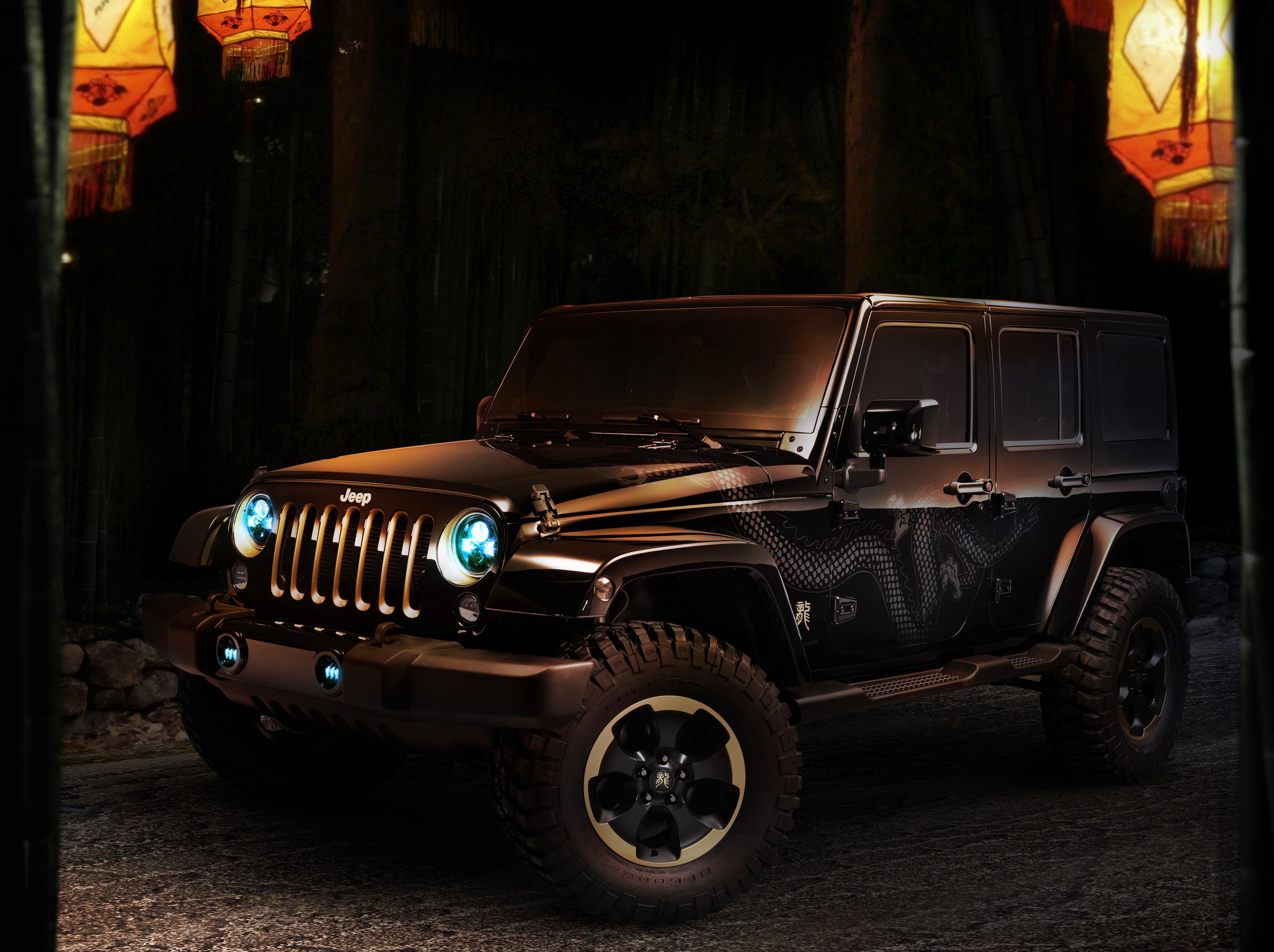 Black Jeep Wrangler Dragon Edition with Lanterns HD Wallpaper