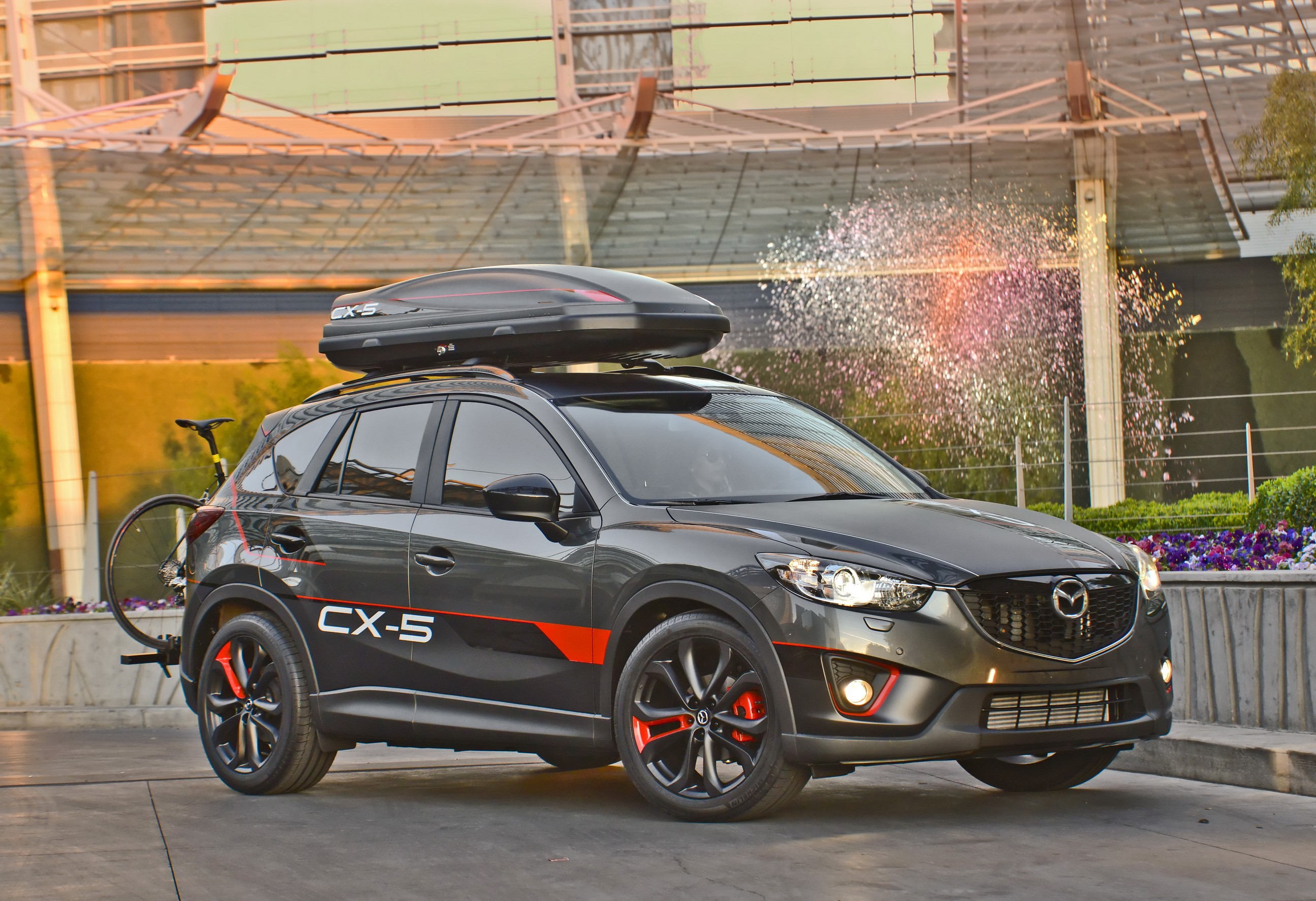 Grey Mazda CX-5 with bike rack and roof box HD Wallpaper