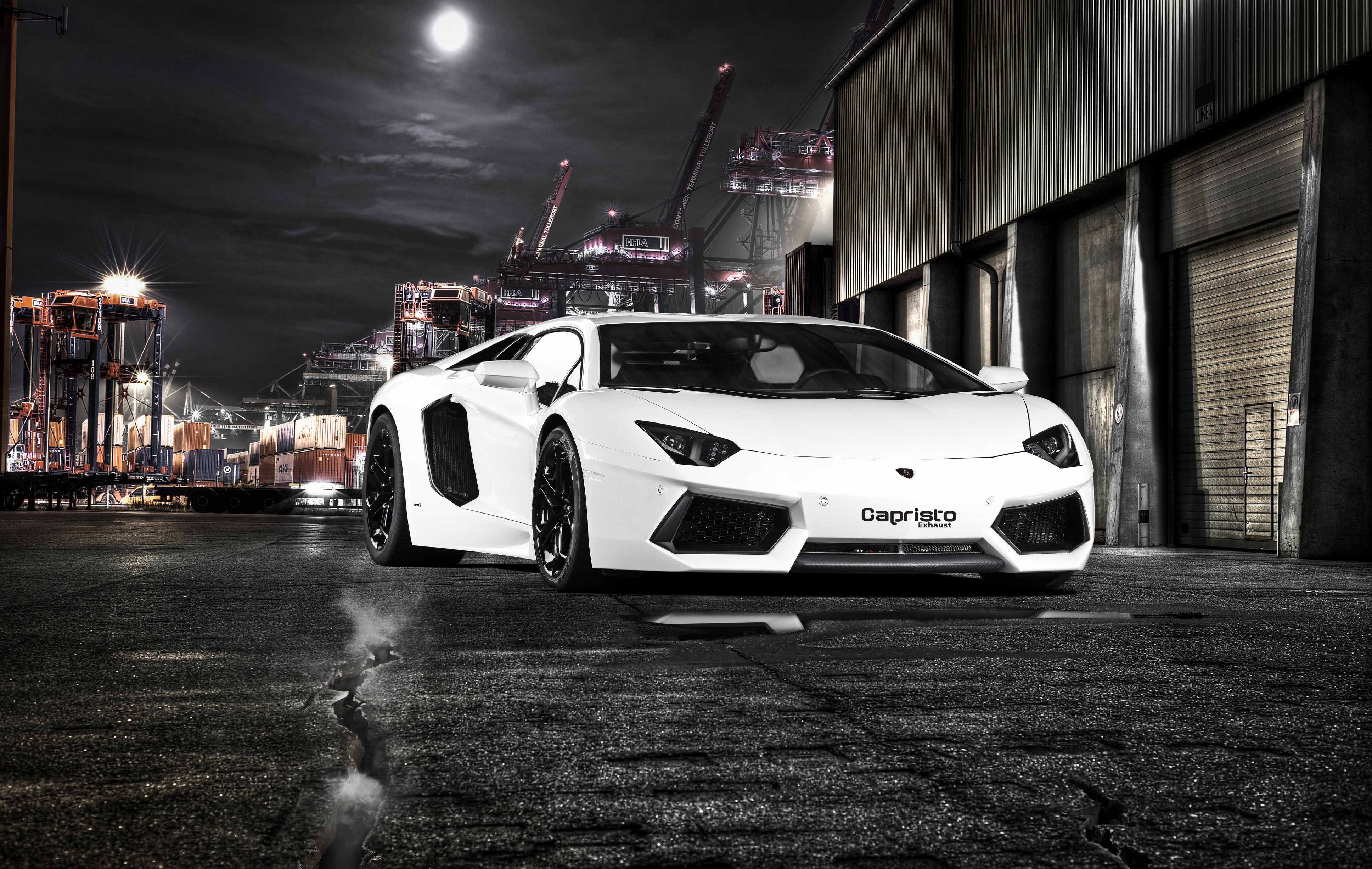 White Lamborghini Aventador LP700-4 at Night HD Wallpaper