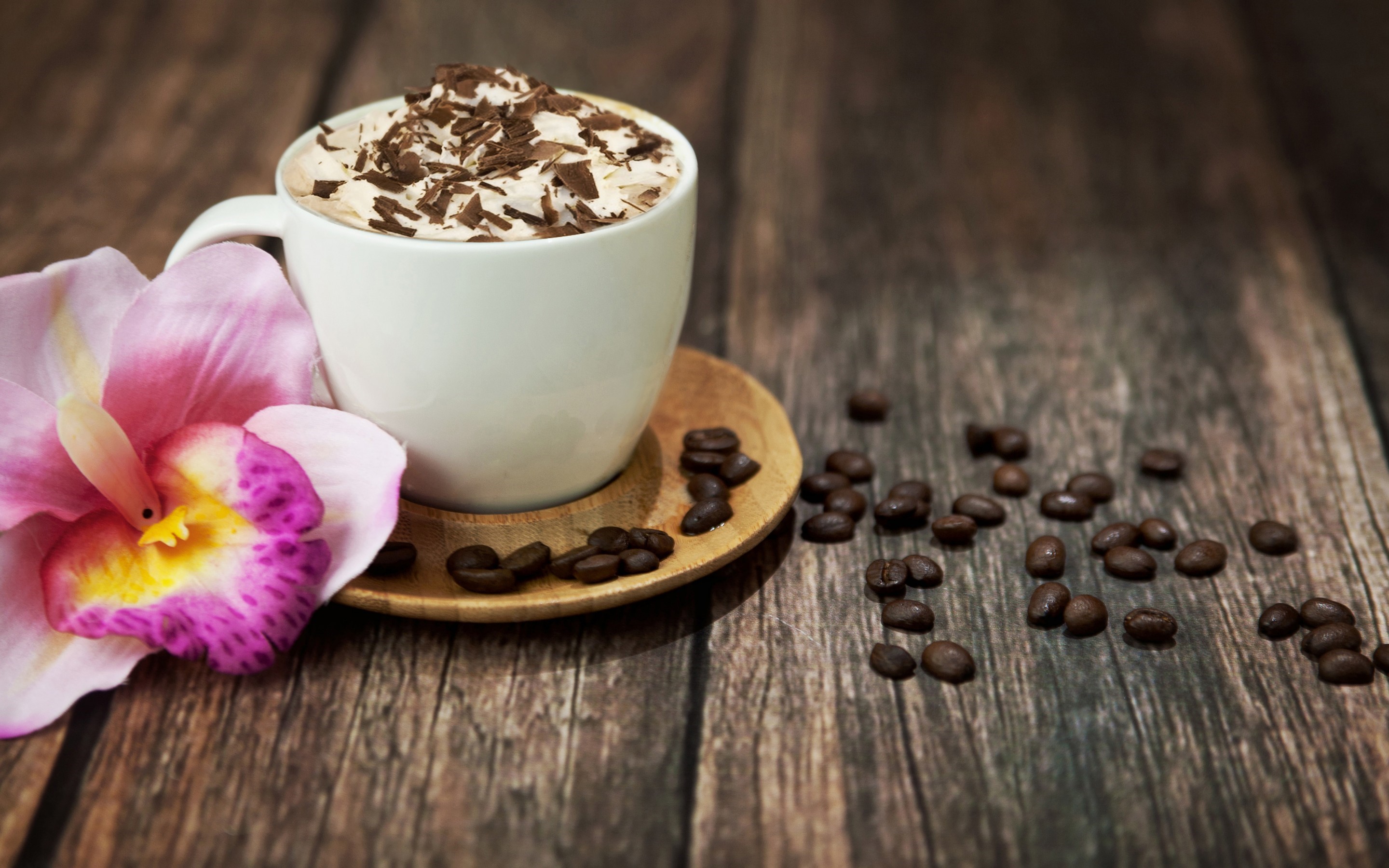 Coffee cup with whipped cream and chocolate shavings on a saucer with coffee beans and a pink orchid HD Wallpaper