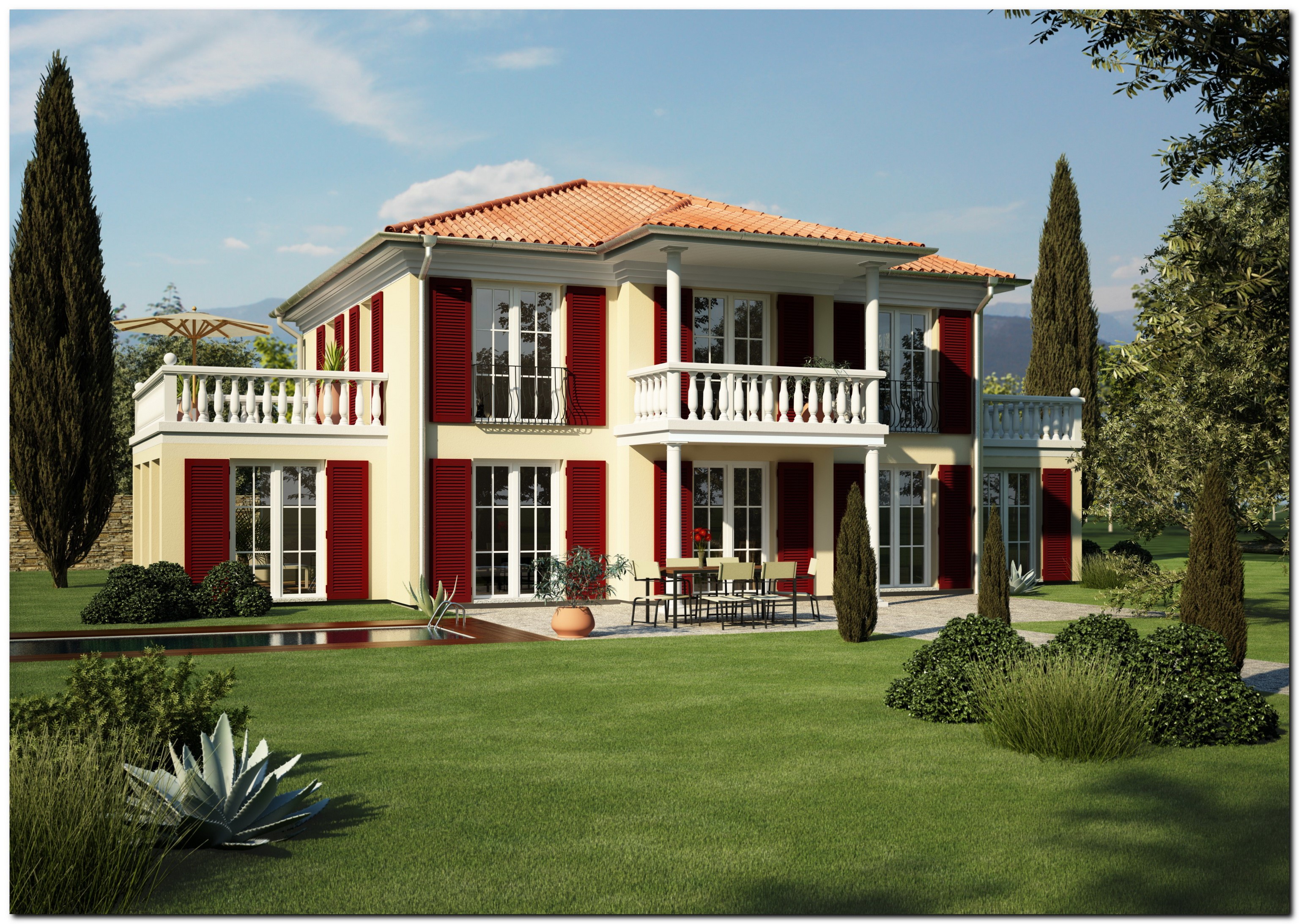 A two-story house with red shutters and a tiled roof. HD Wallpaper
