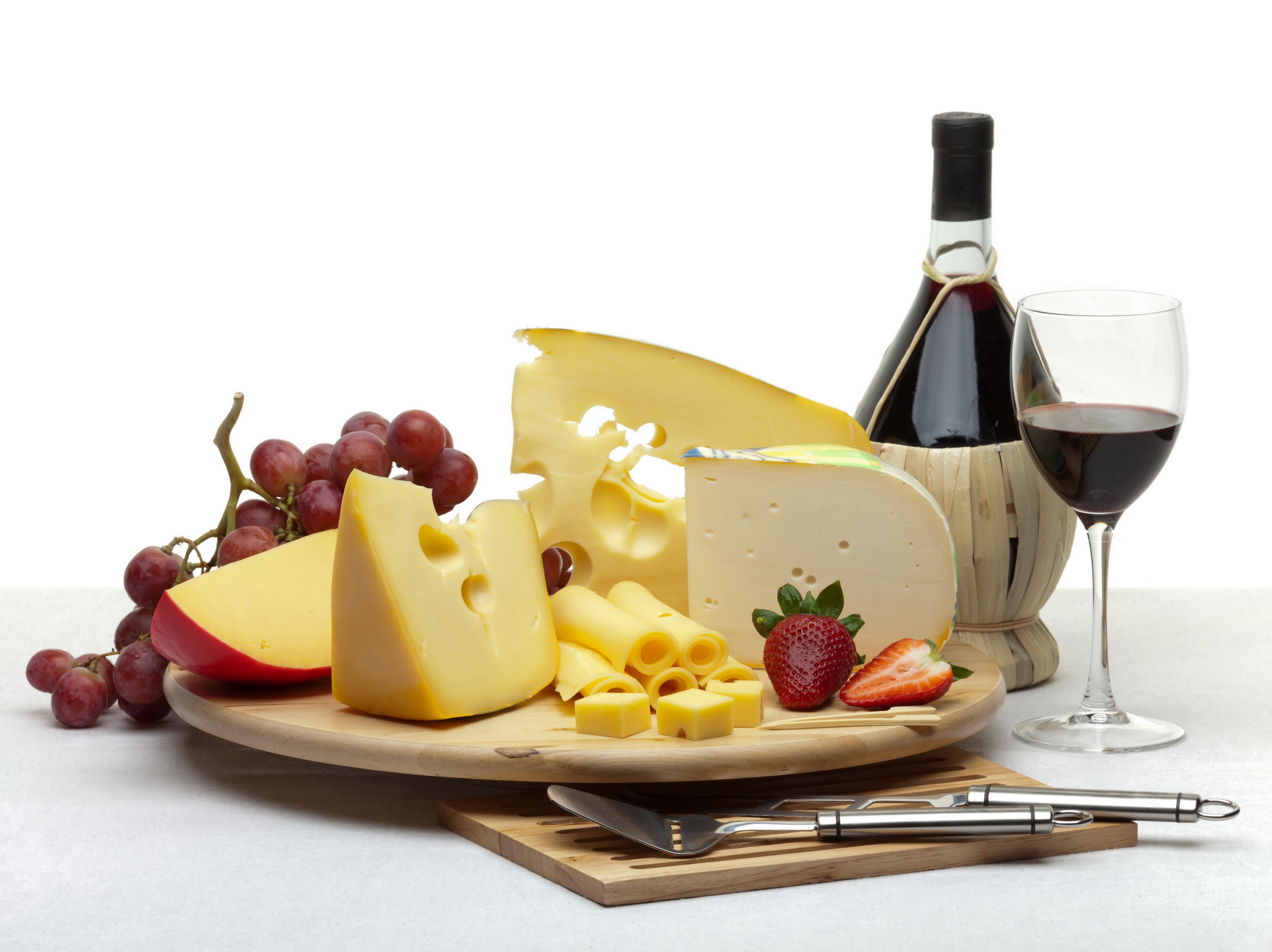 Still-life of cheese, grapes, strawberries, and red wine HD Wallpaper