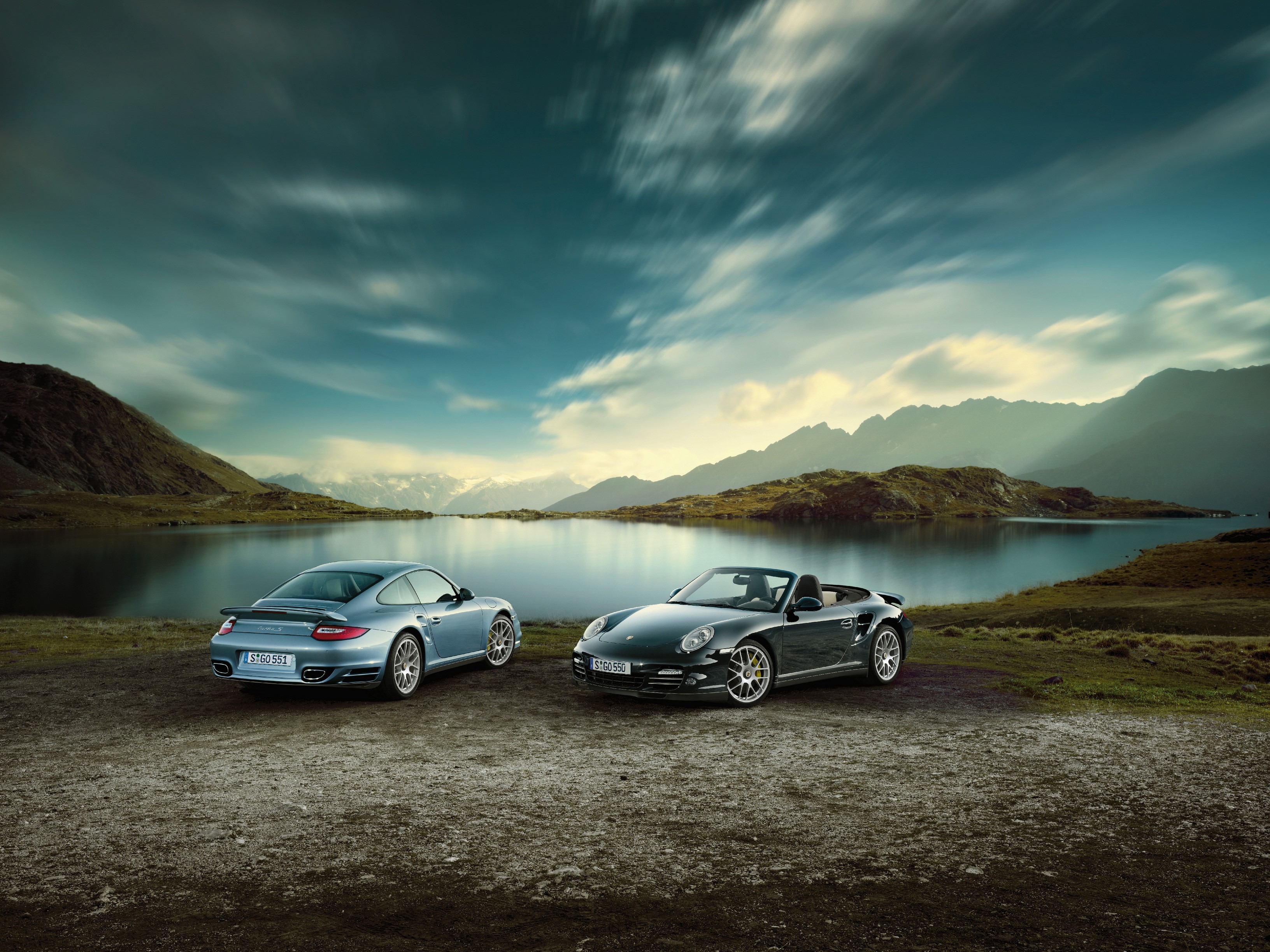 Porsche 911 Turbo S Cabriolet and Coupe by Lake HD Wallpaper