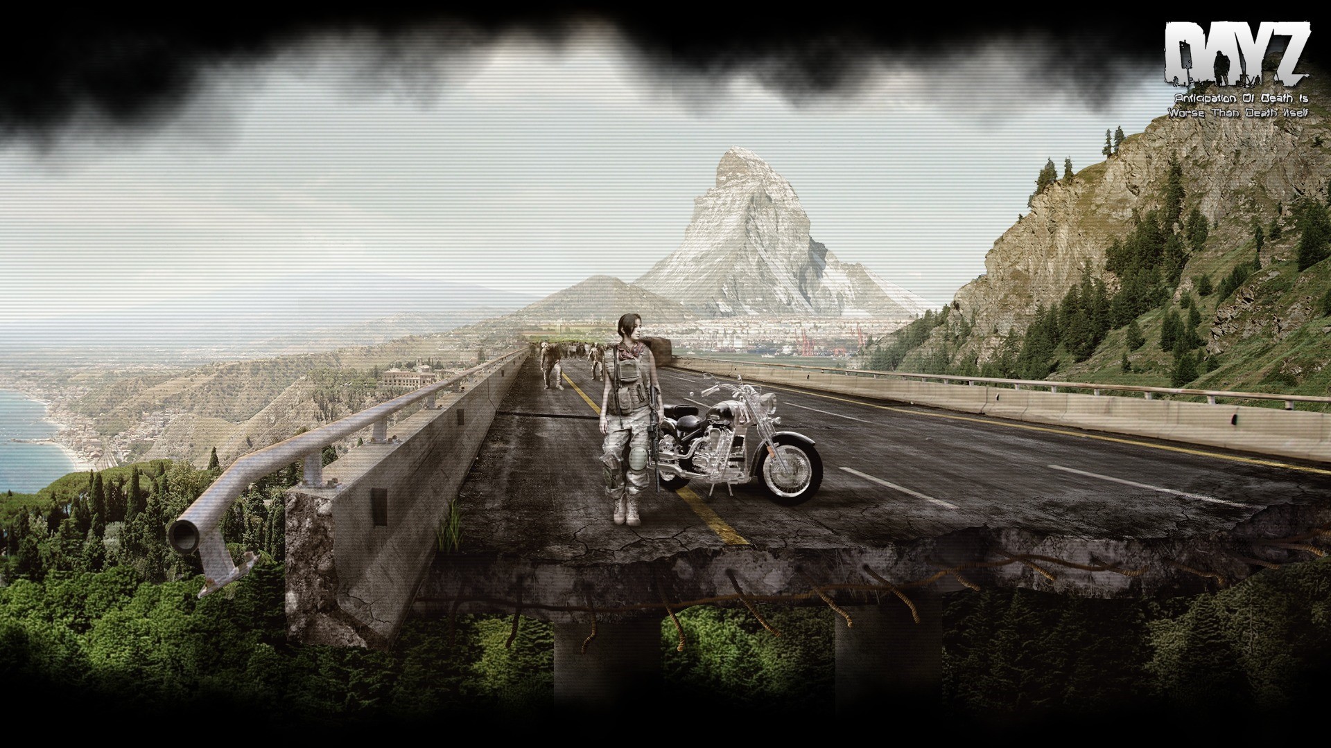 DayZ: A survivor and motorcycle on a broken bridge HD Wallpaper