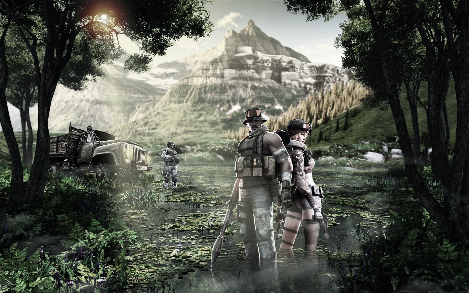 Soldiers in a swampy landscape with mountains HD Wallpaper