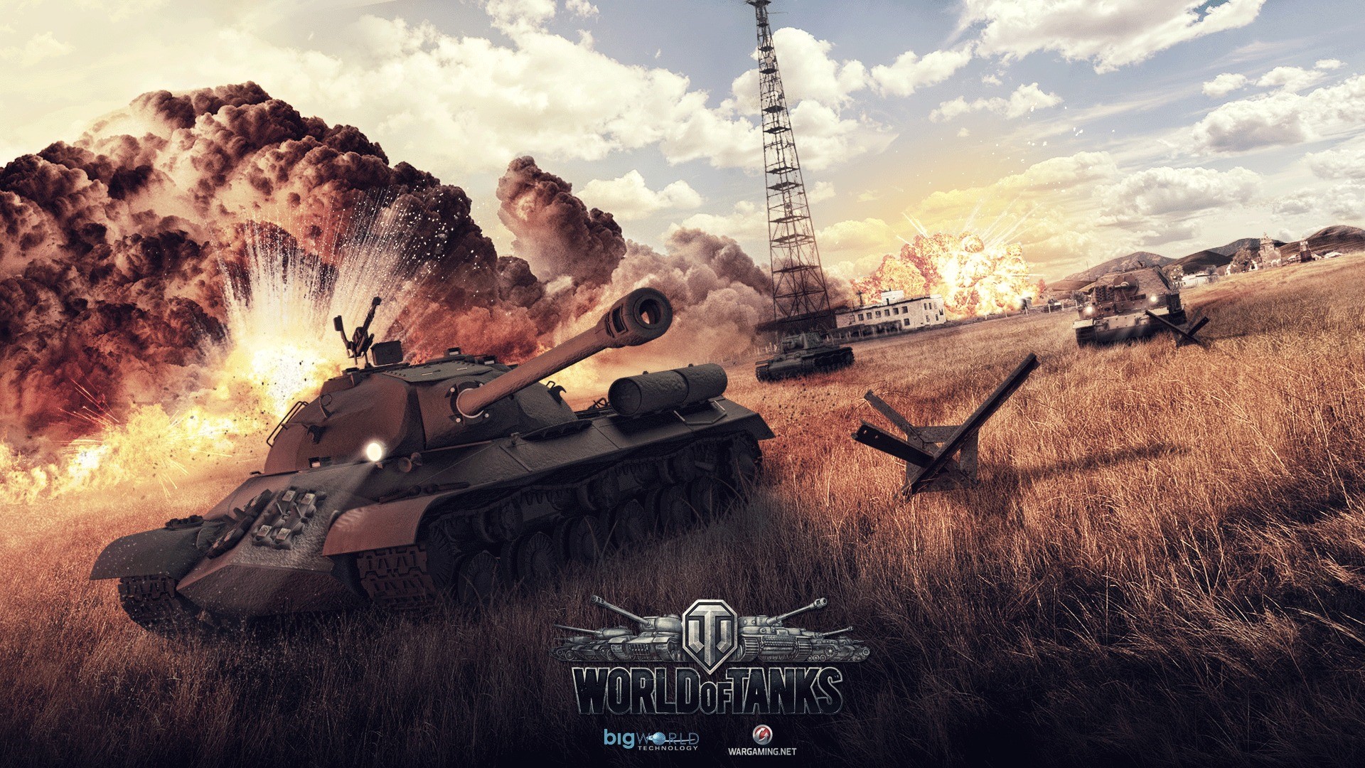 World of Tanks explosions with tanks in a field HD Wallpaper