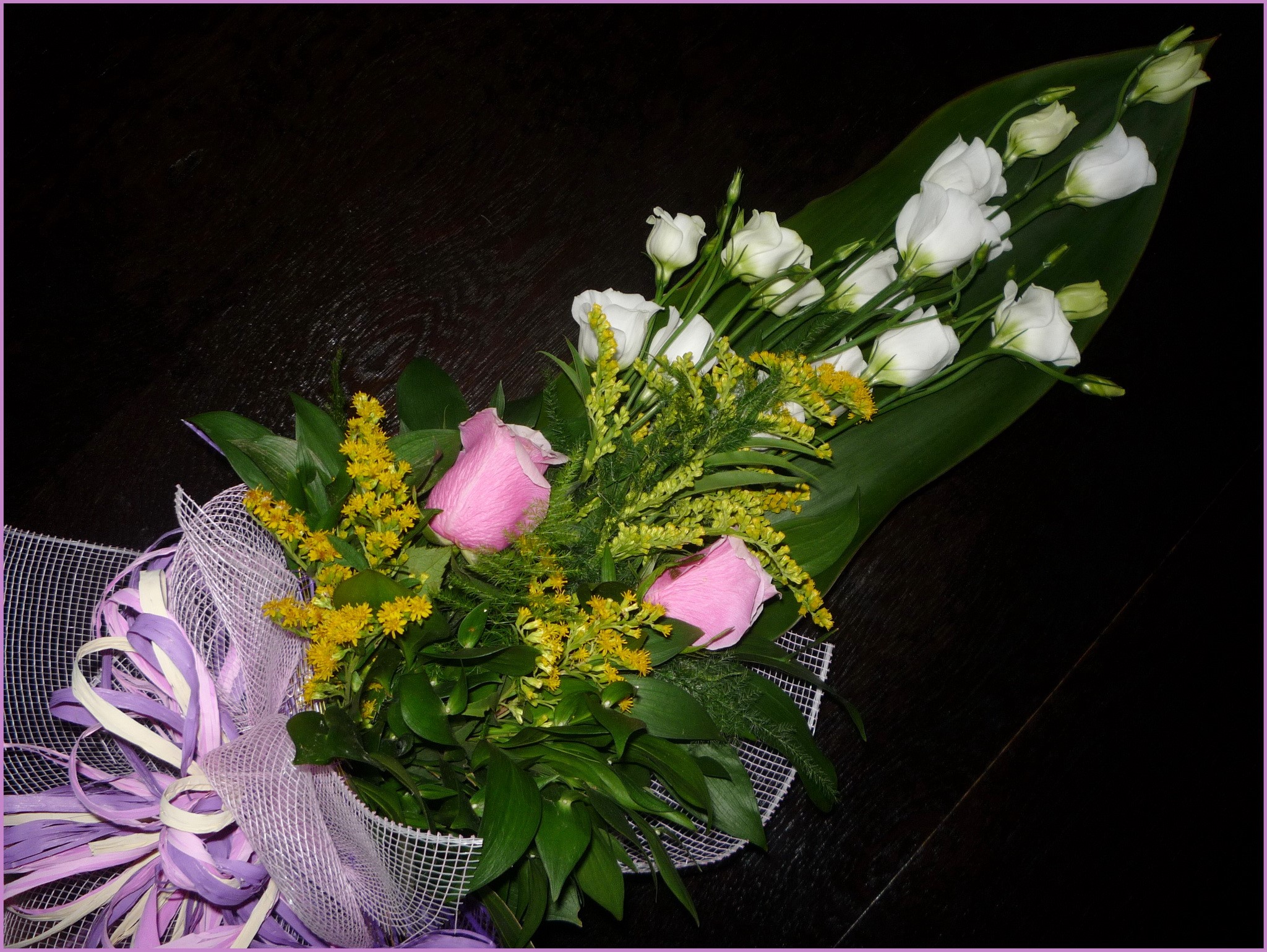 Bouquet of pink roses, white eustoma, and yellow flowers HD Wallpaper