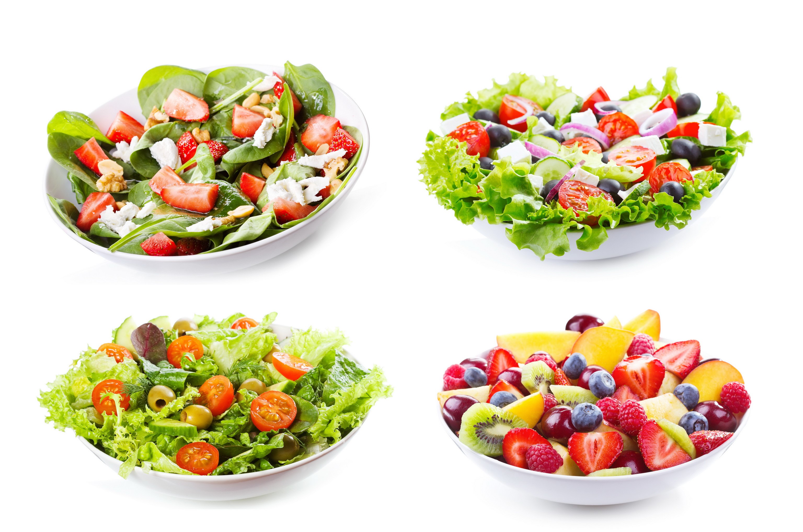 Four bowls of salads and fruit HD Wallpaper