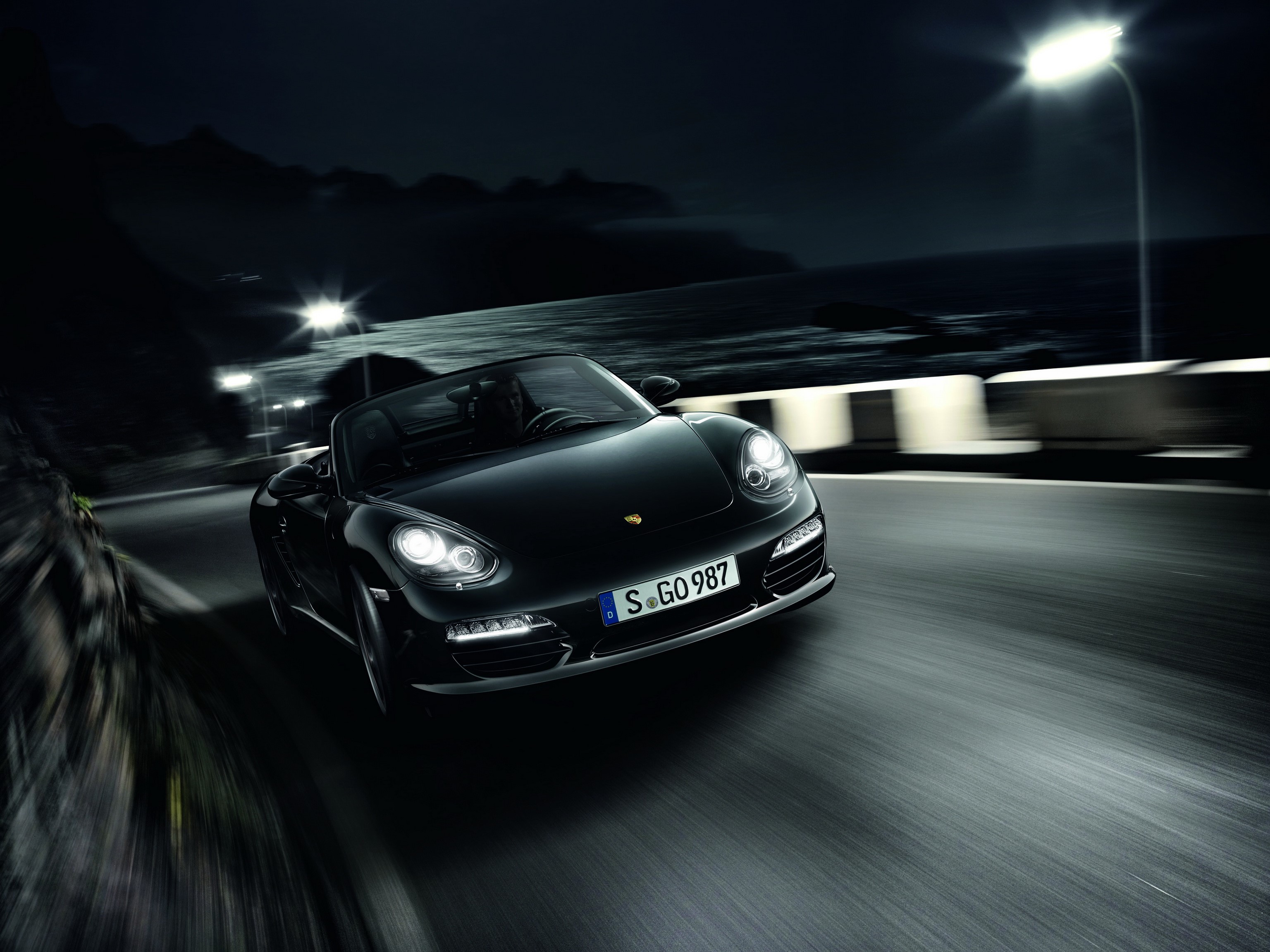 Black Porsche Boxster S Cabriolet driving at night HD Wallpaper