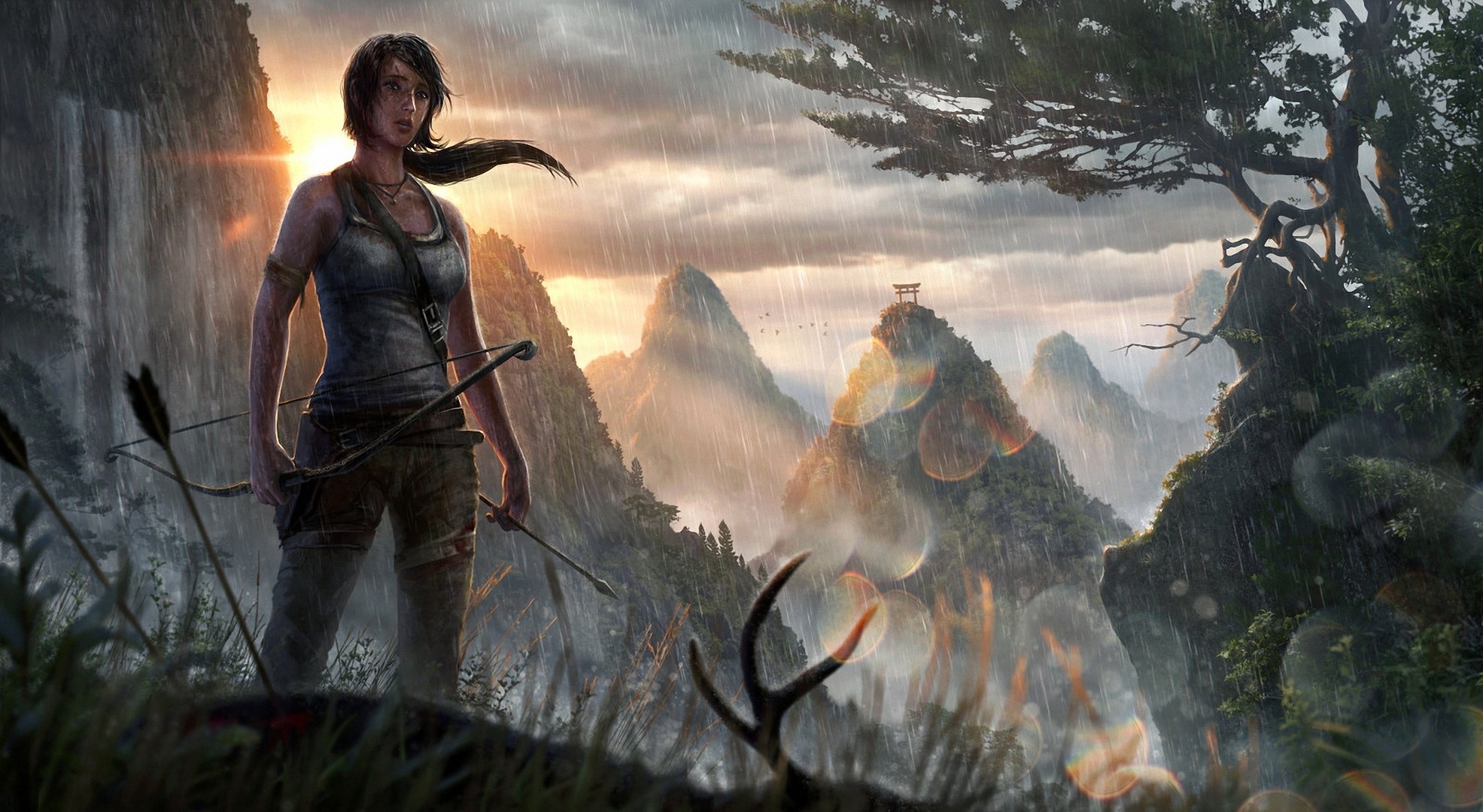 Lara Croft from Tomb Raider with bow and arrows in mountains HD Wallpaper