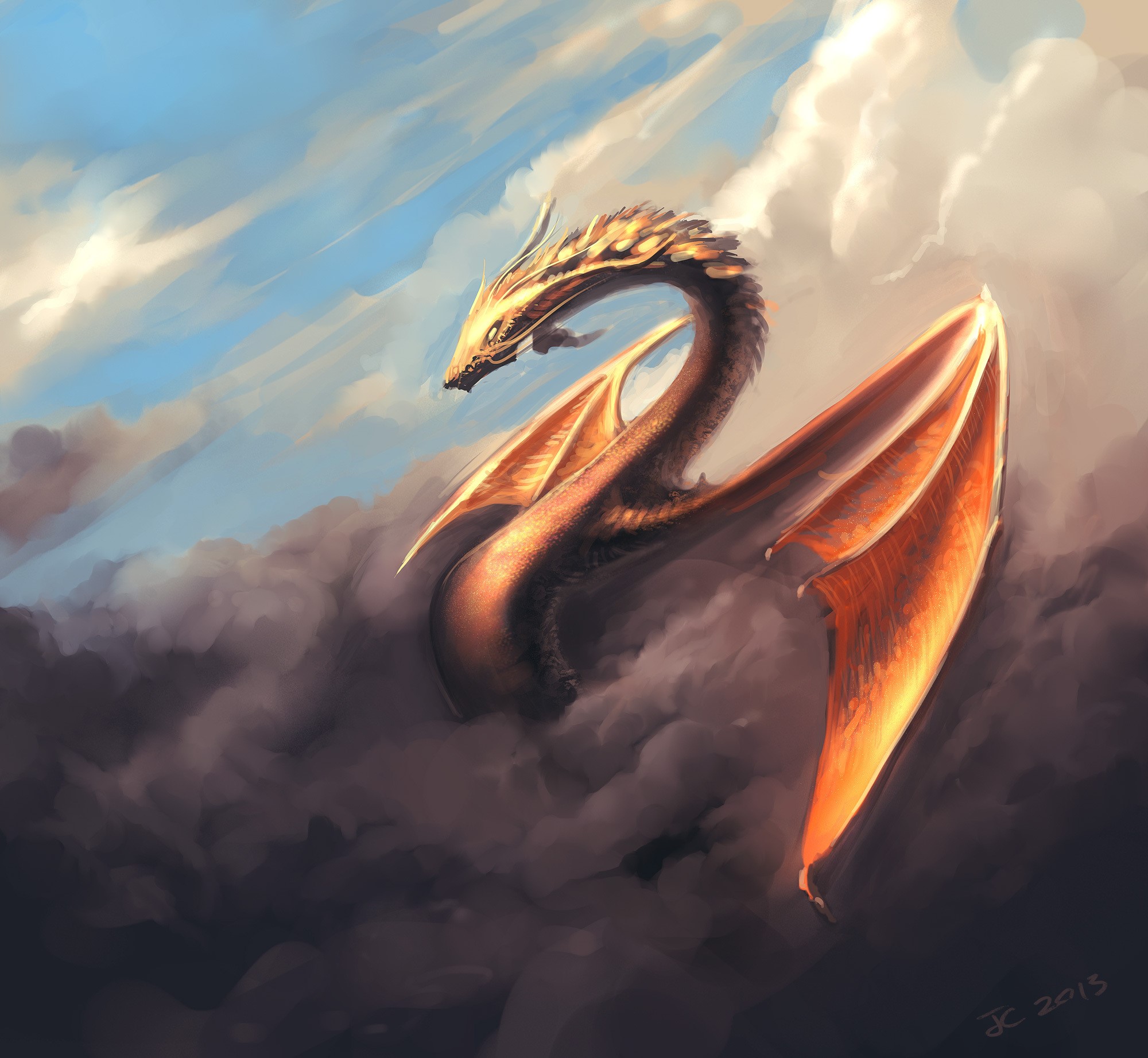 Golden dragon flying through clouds HD Wallpaper