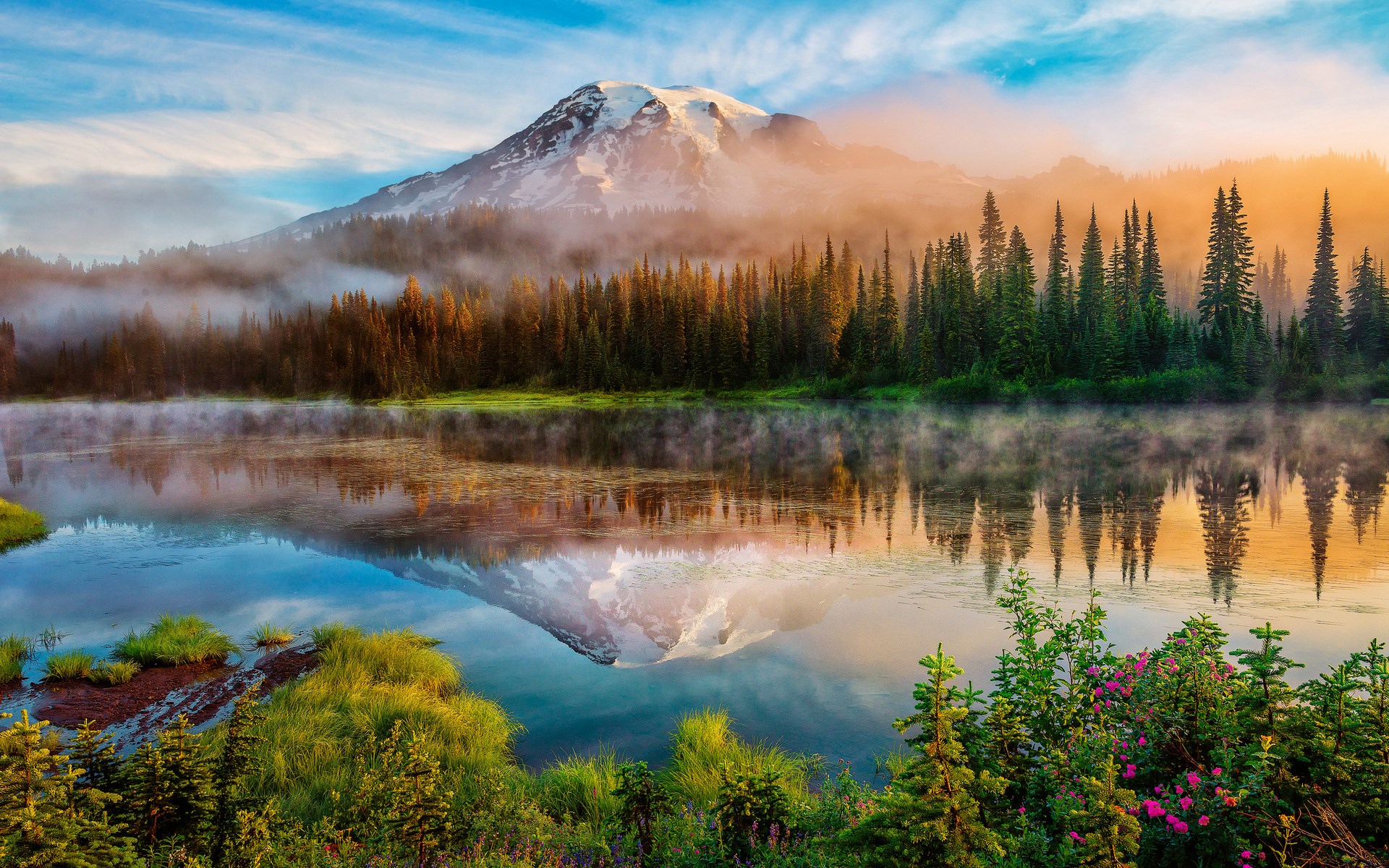 Mount Rainier reflected in a misty lake at sunrise HD Wallpaper