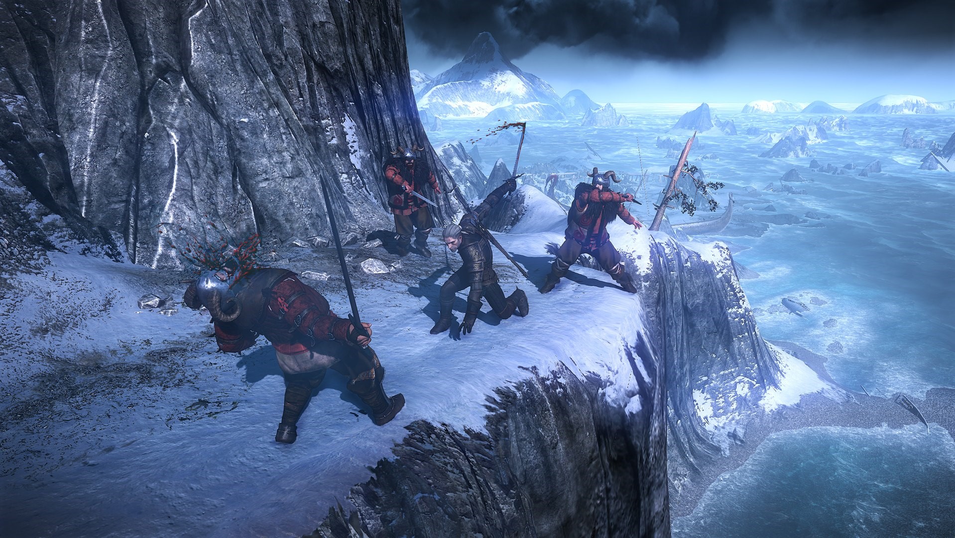 Geralt of Rivia fighting warriors in a snowy landscape HD Wallpaper