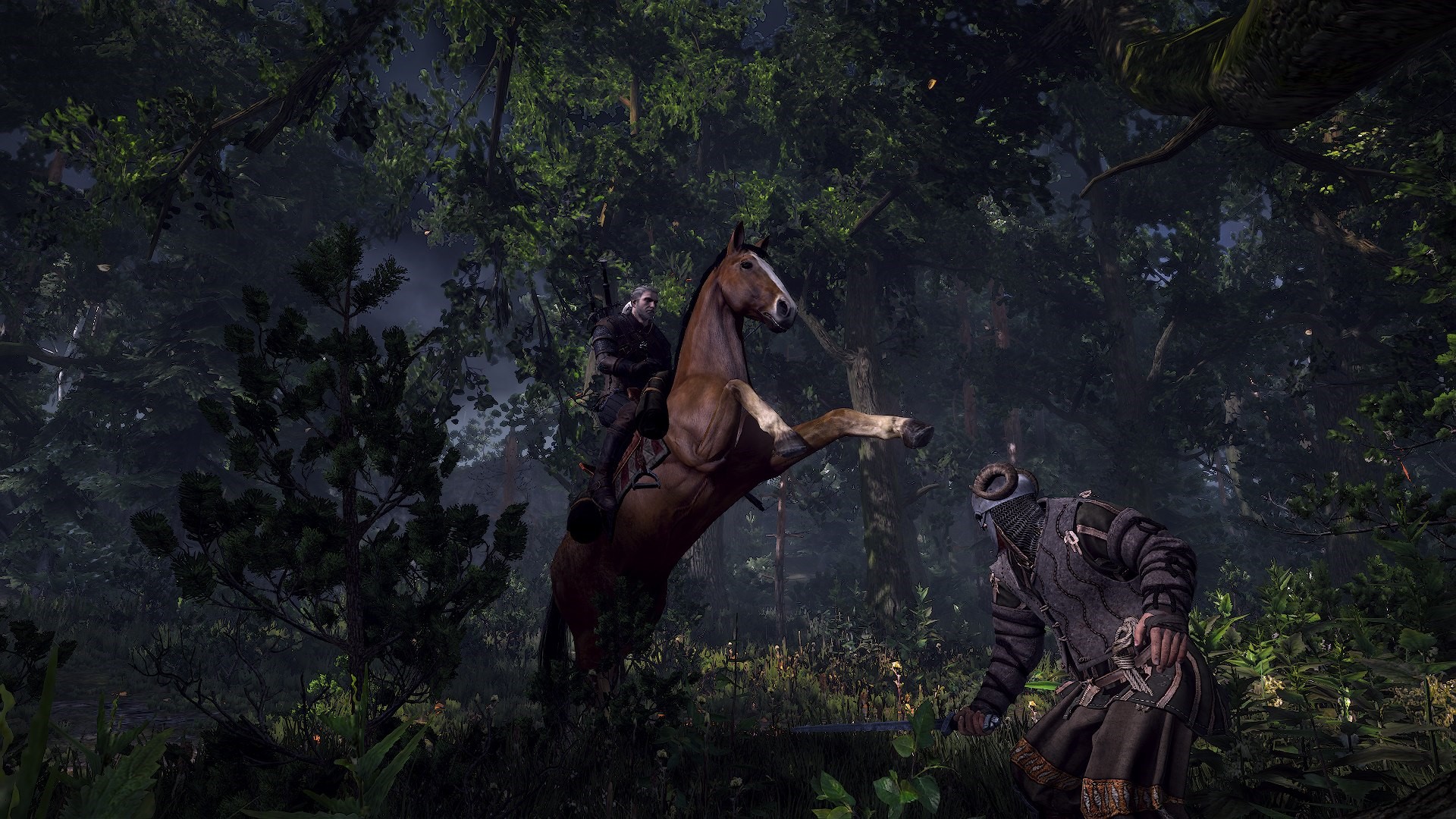 Geralt from The Witcher 3 on horseback in a forest HD Wallpaper