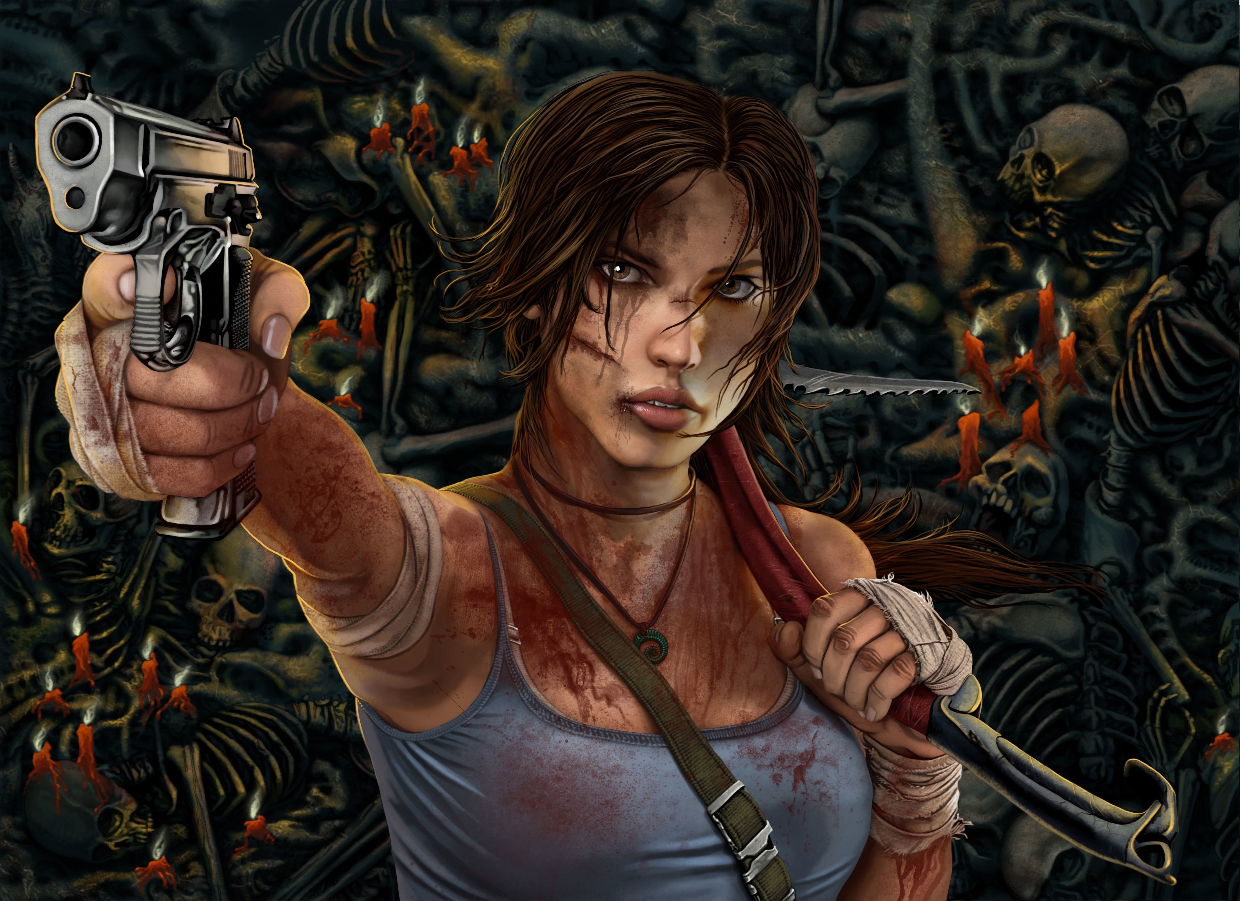 4K Tomb Raider 2013 Lara Croft with Pistols and Blood HD Wallpaper