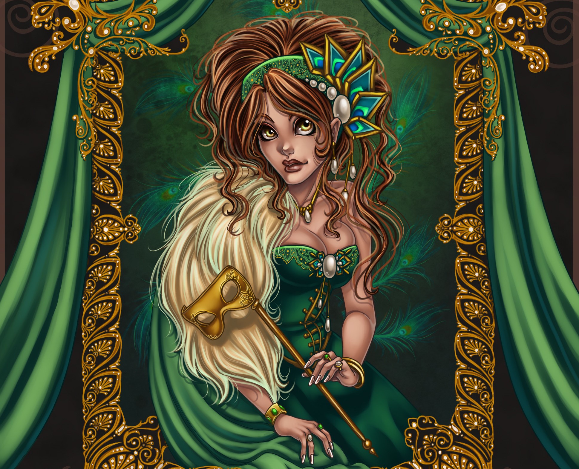 Woman in green dress with mask and peacock feathers HD Wallpaper