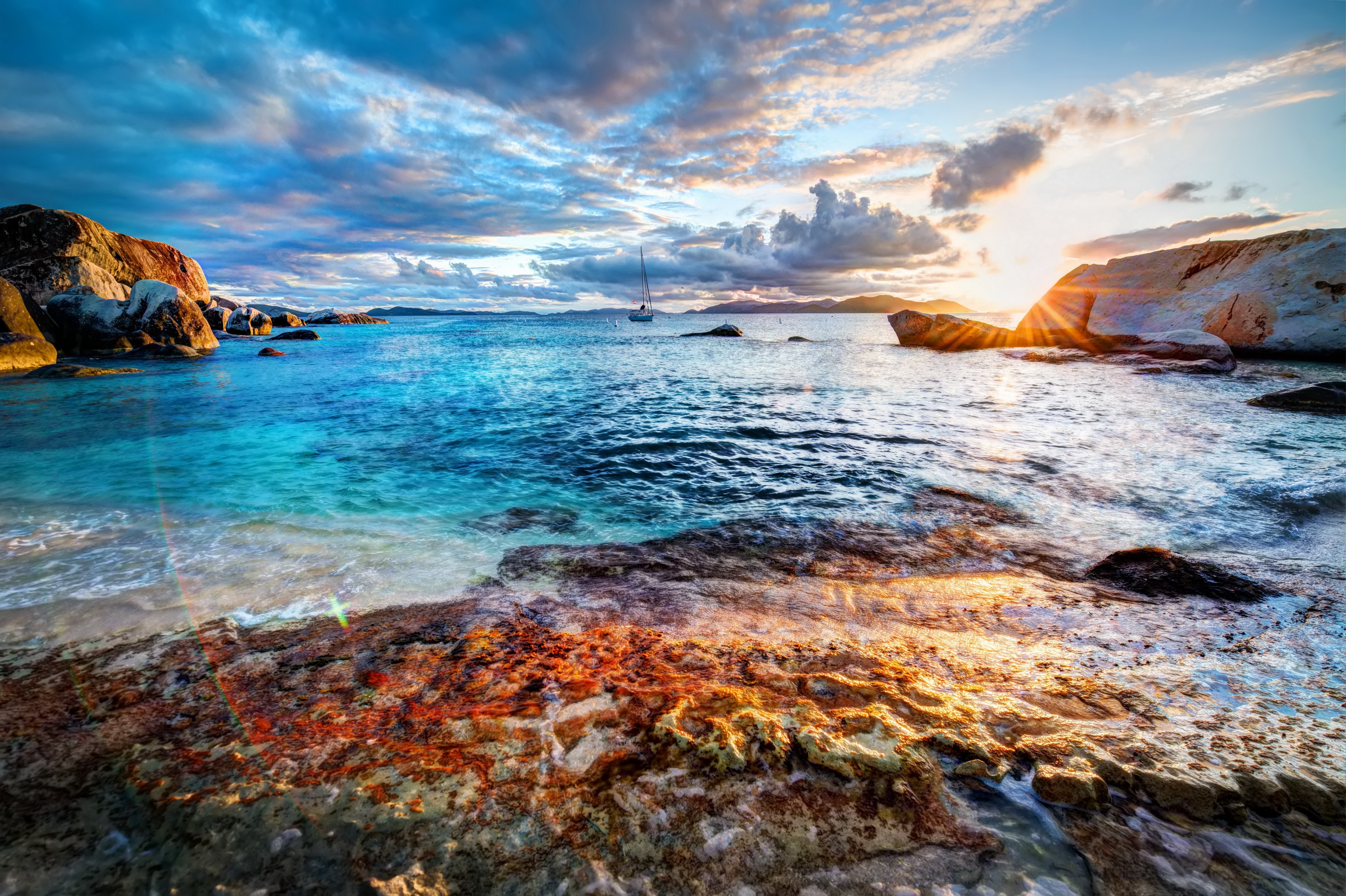 4K HDR Caribbean Coast Sea Sunset with Rays of Light HD Wallpaper