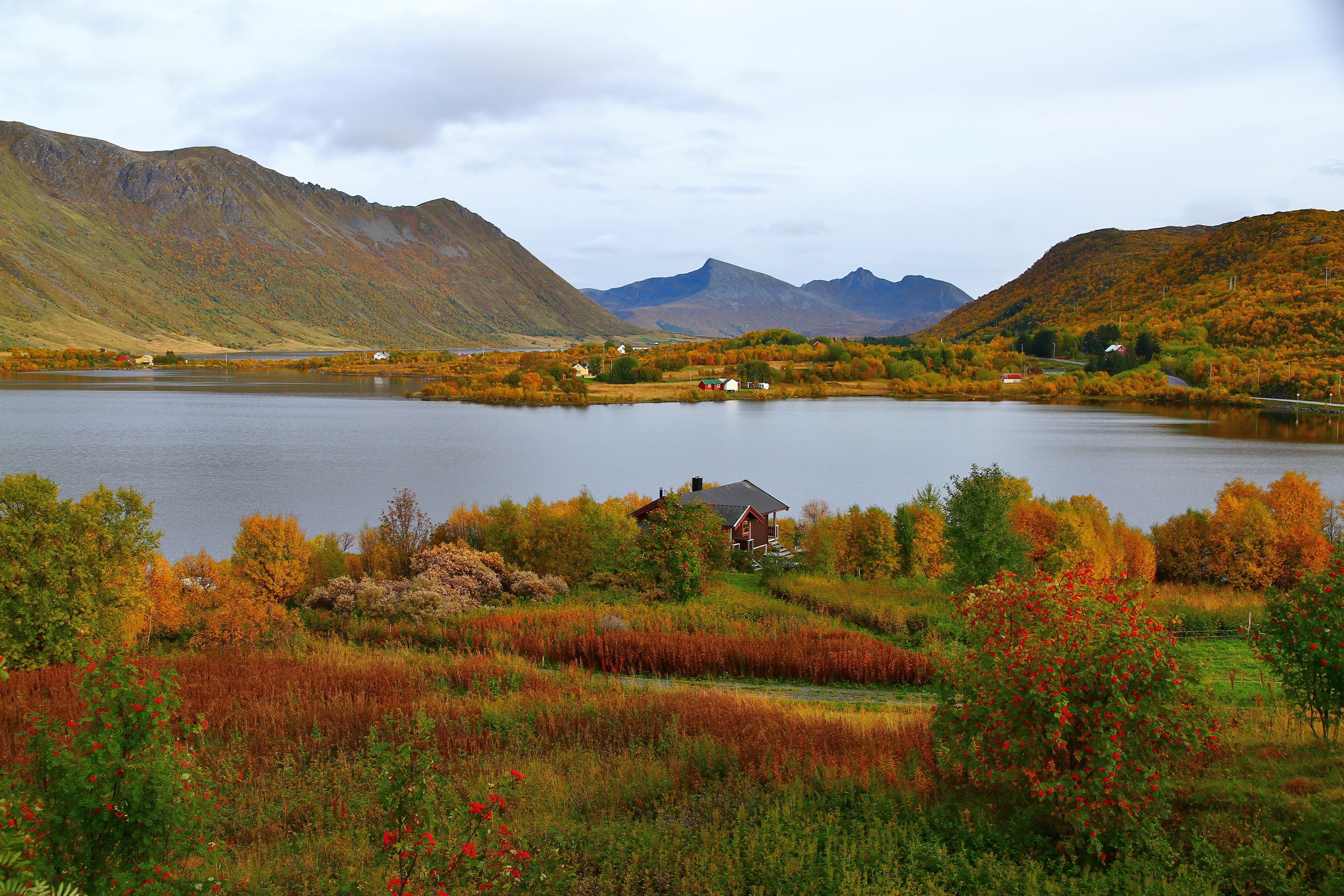 Autumn landscape with lake and mountains in Norway HD Wallpaper