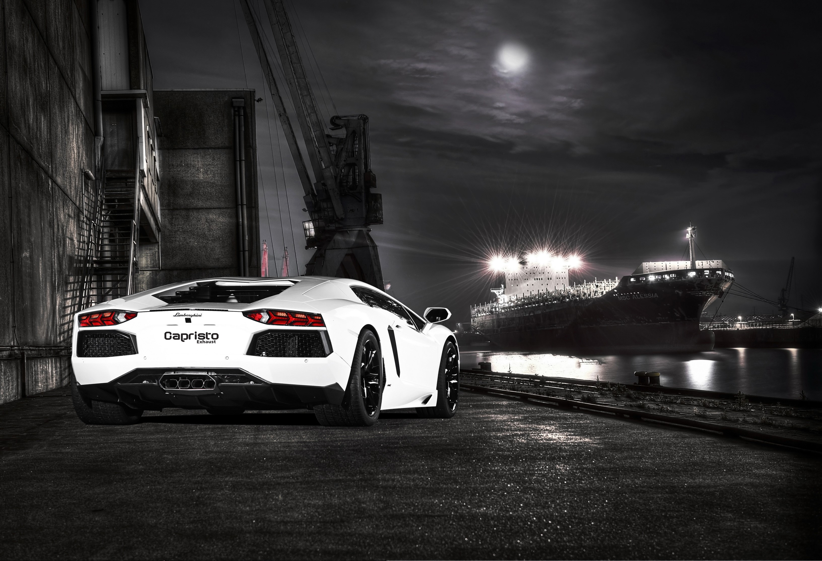 White Lamborghini Aventador LP700-4 at Night Dock HD Wallpaper