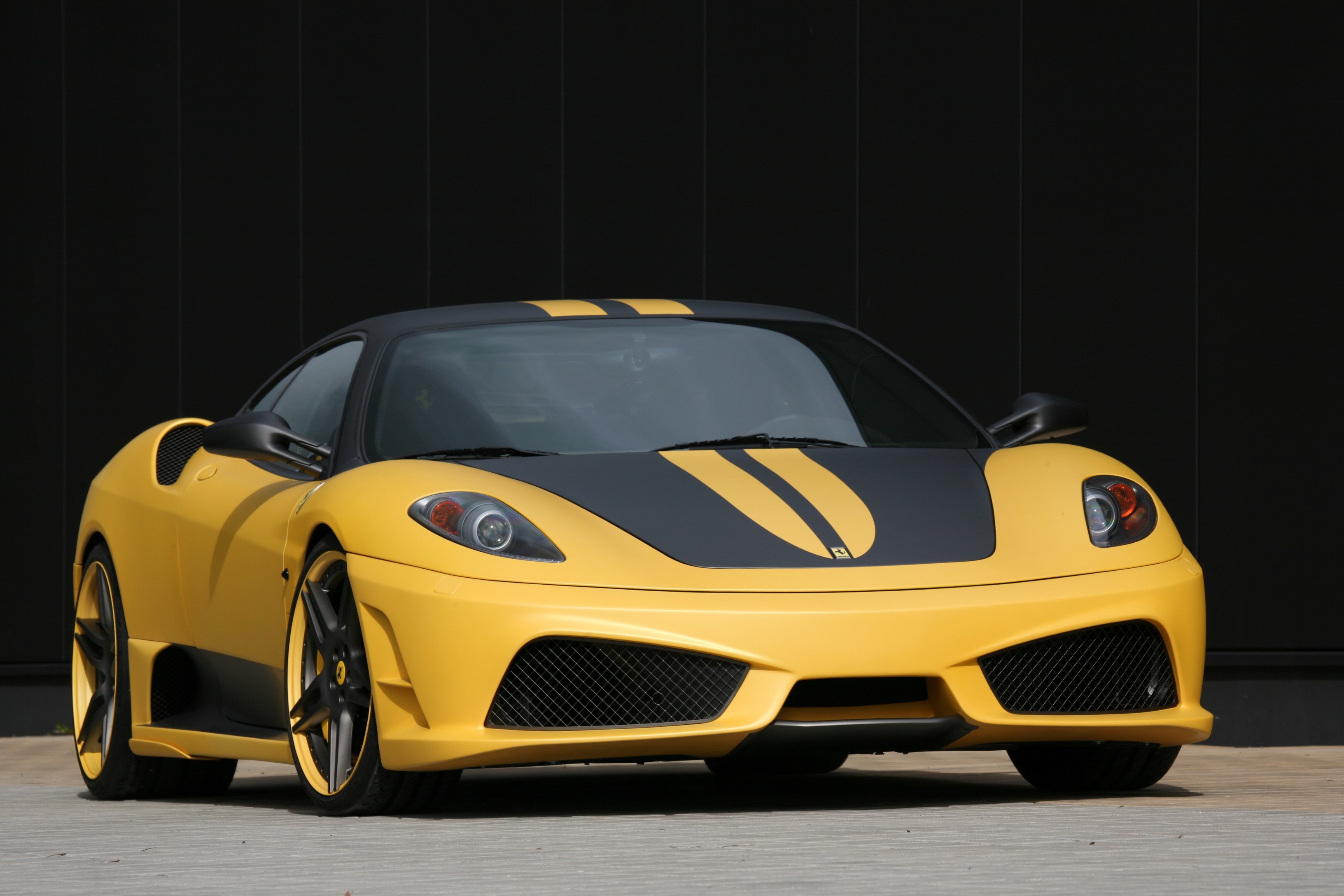 Yellow Ferrari F430 Edizione 747 with racing stripes HD Wallpaper