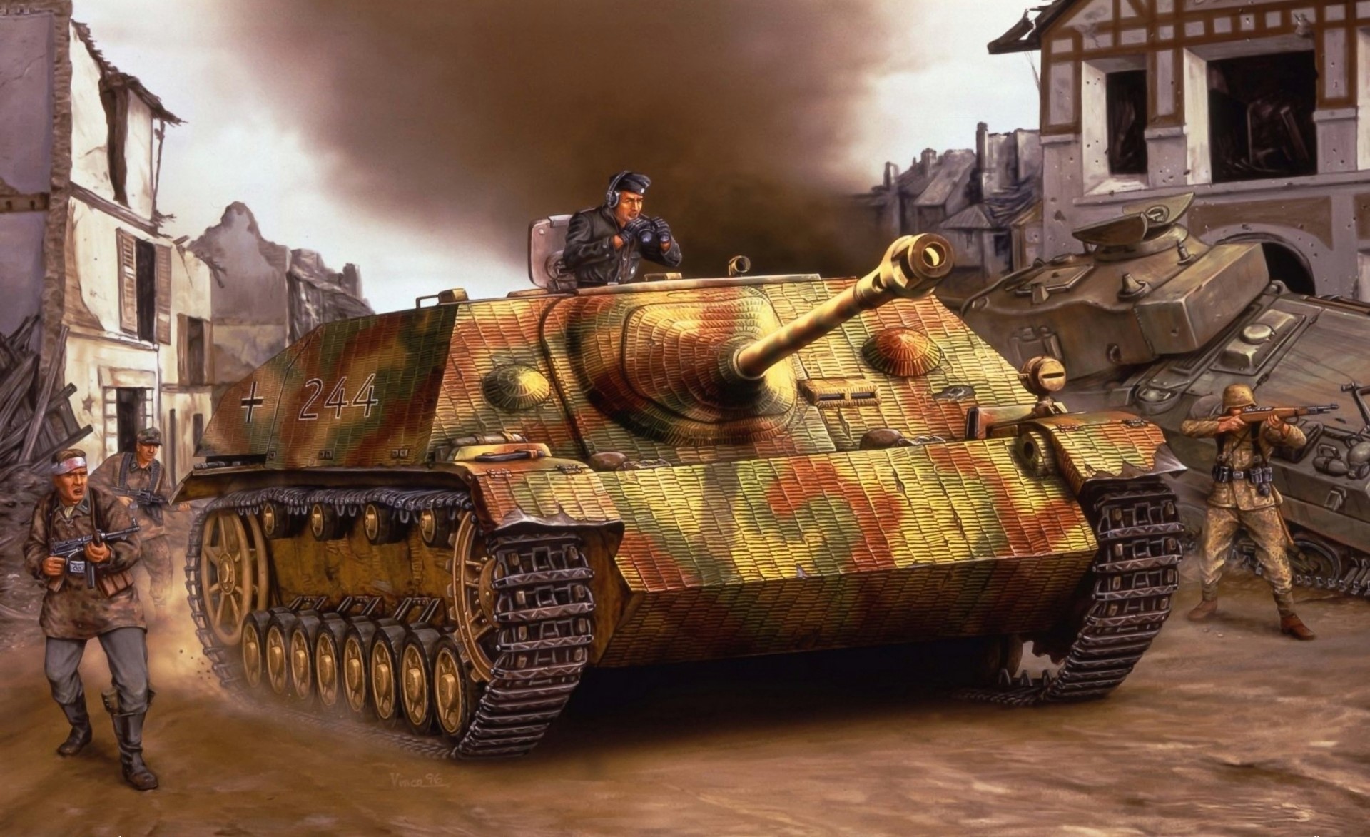 Jagdpanzer IV tank in a destroyed town with soldiers HD Wallpaper