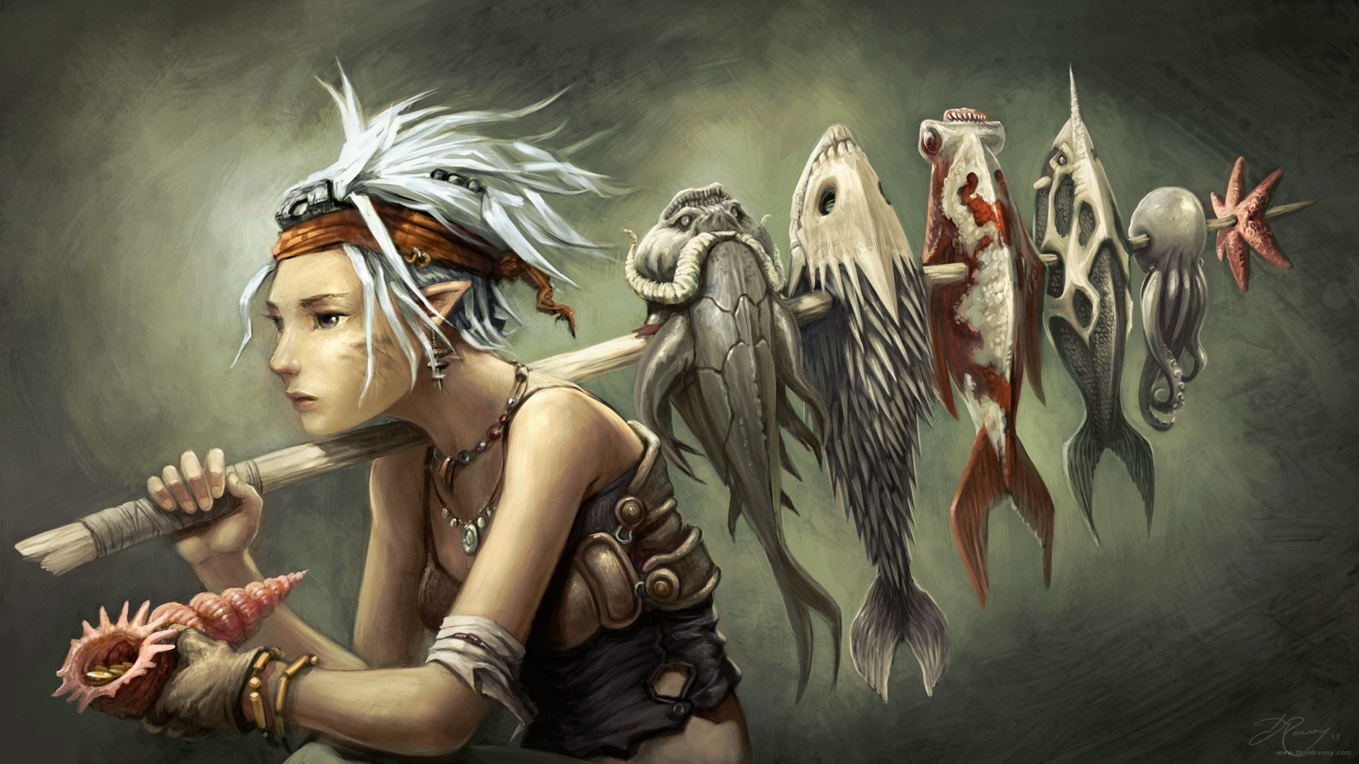 Elf with a string of fish and sea creatures HD Wallpaper