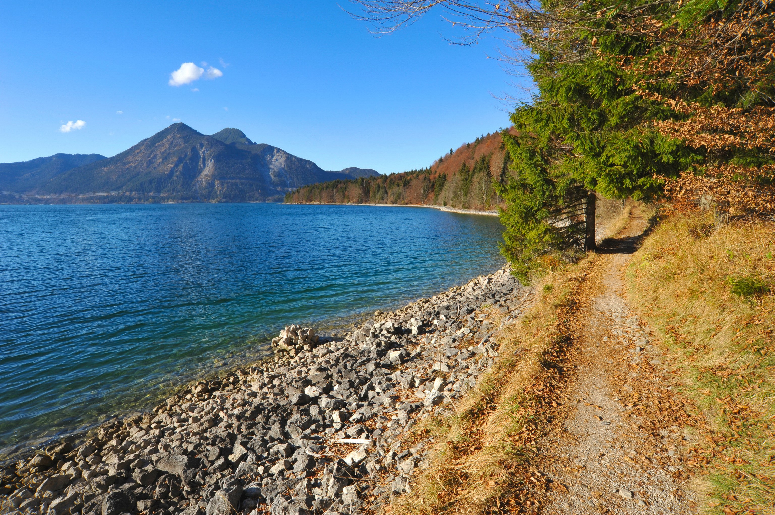 Lake and mountains with a trail in Bavaria, Germany HD Wallpaper