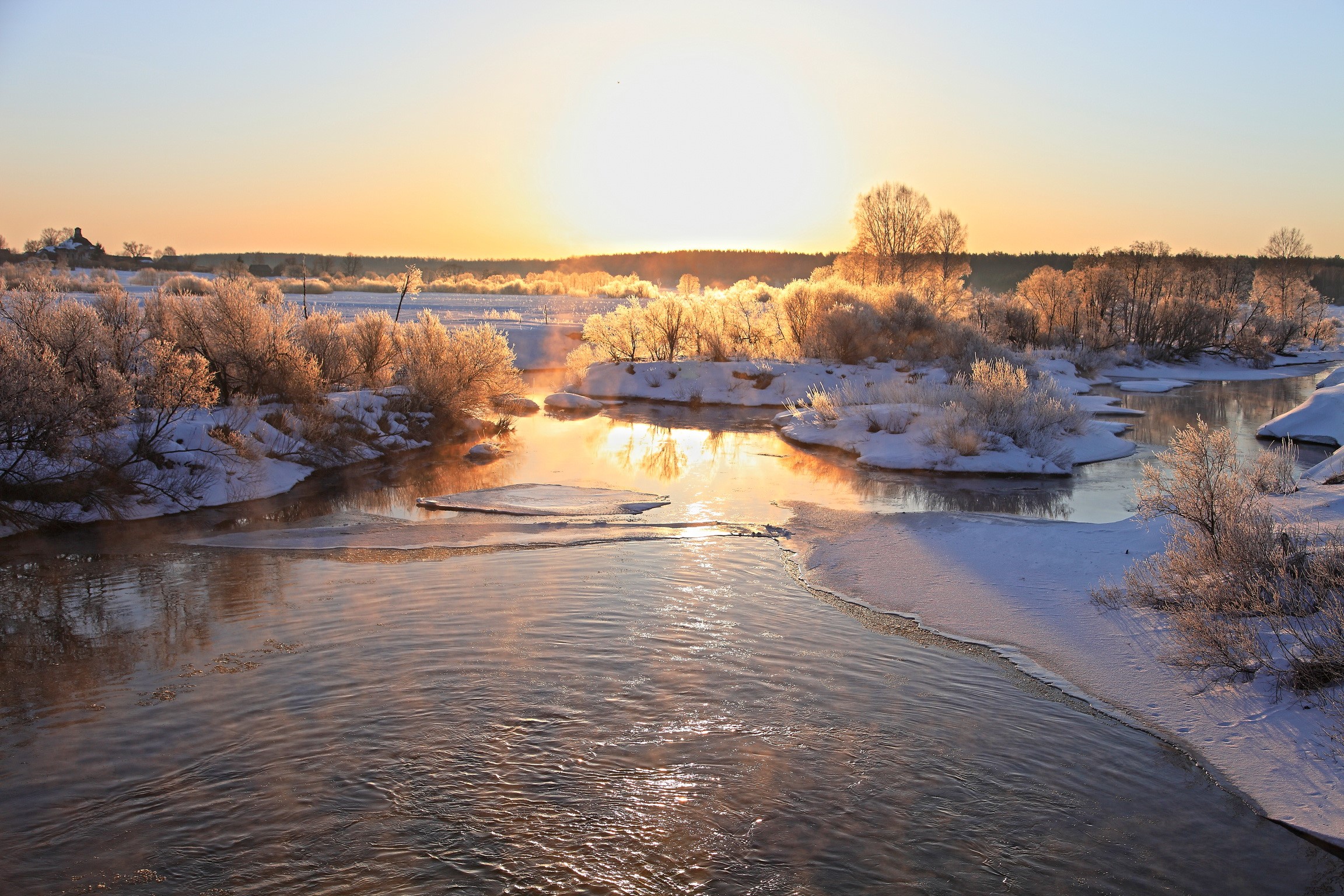 Winter river at sunrise with frosted trees HD Wallpaper