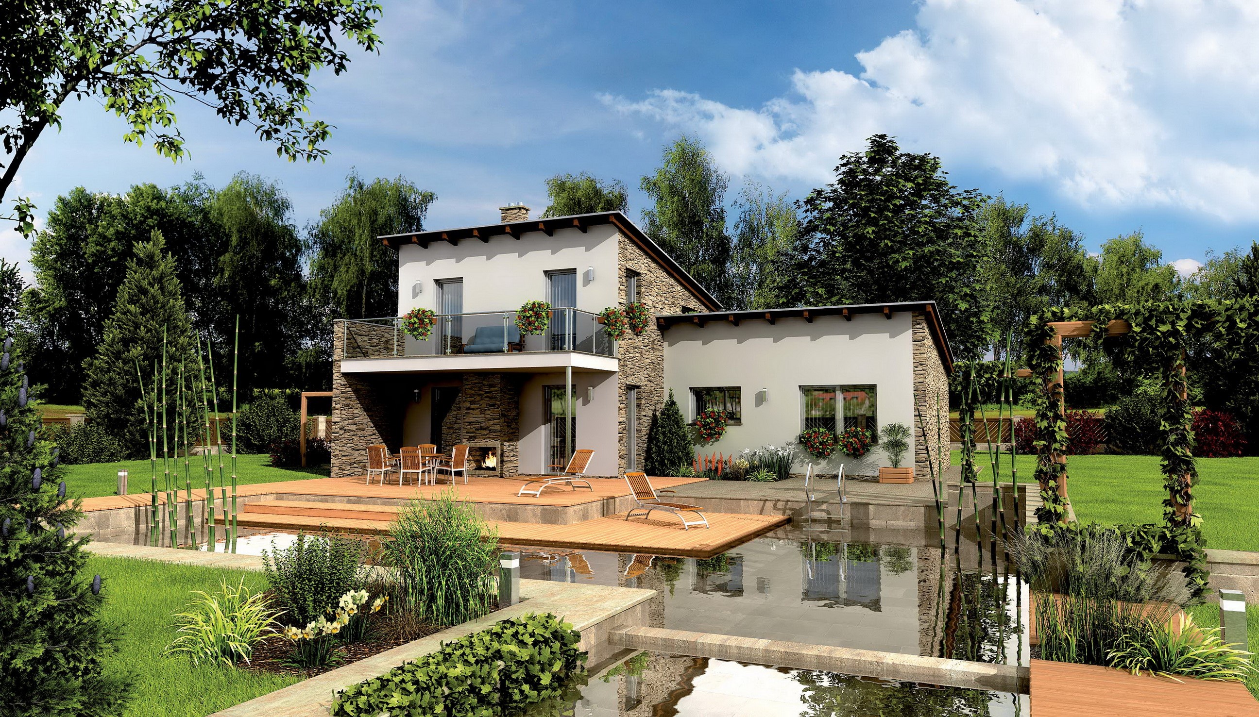 Modern house with pool and garden HD Wallpaper