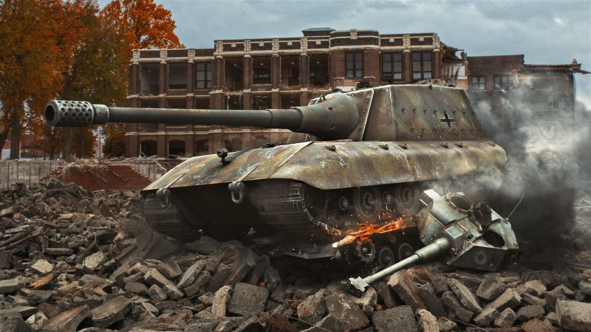 JagdPz E-100 tank in World of Tanks amidst rubble HD Wallpaper