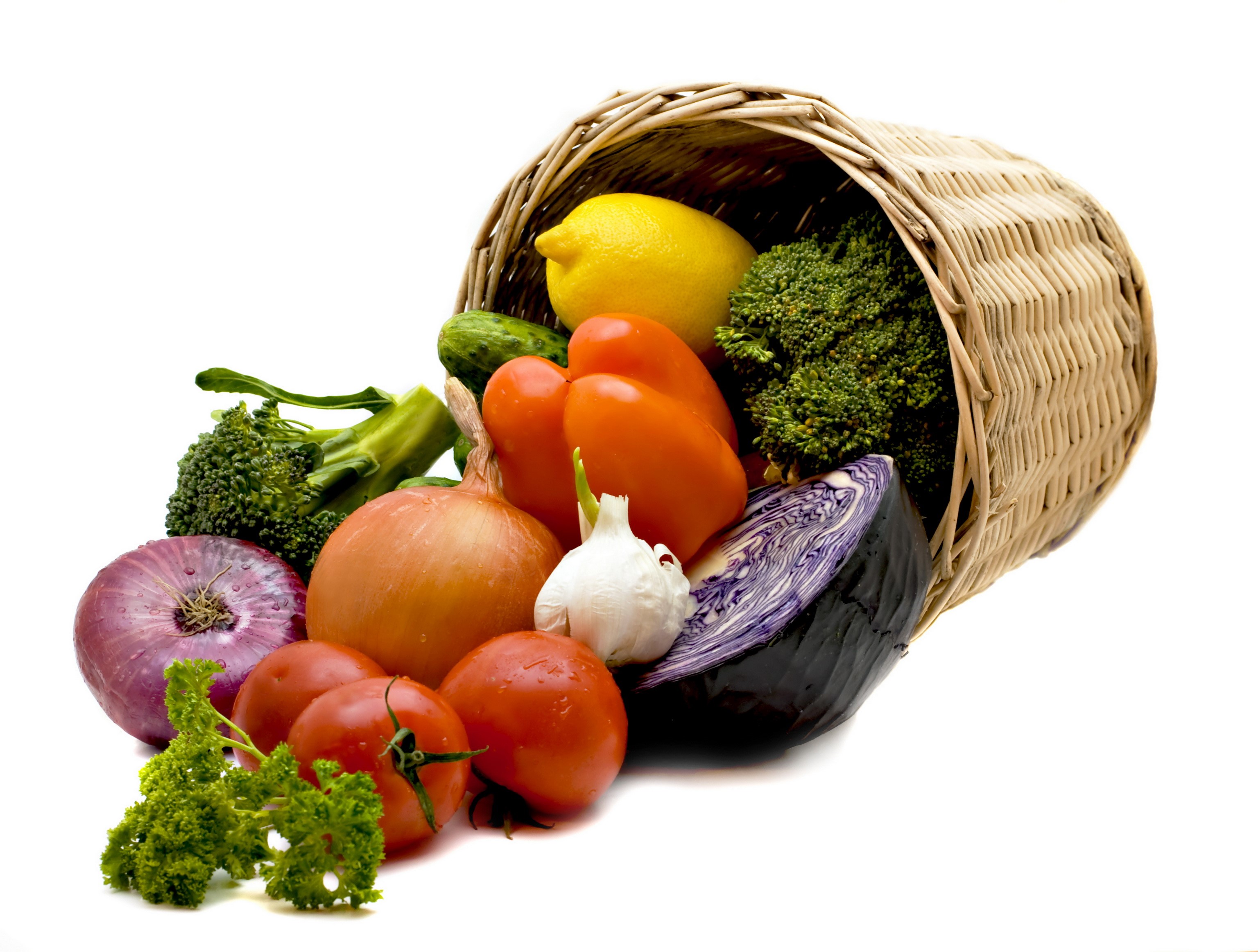 Wicker basket overflowing with fresh vegetables HD Wallpaper