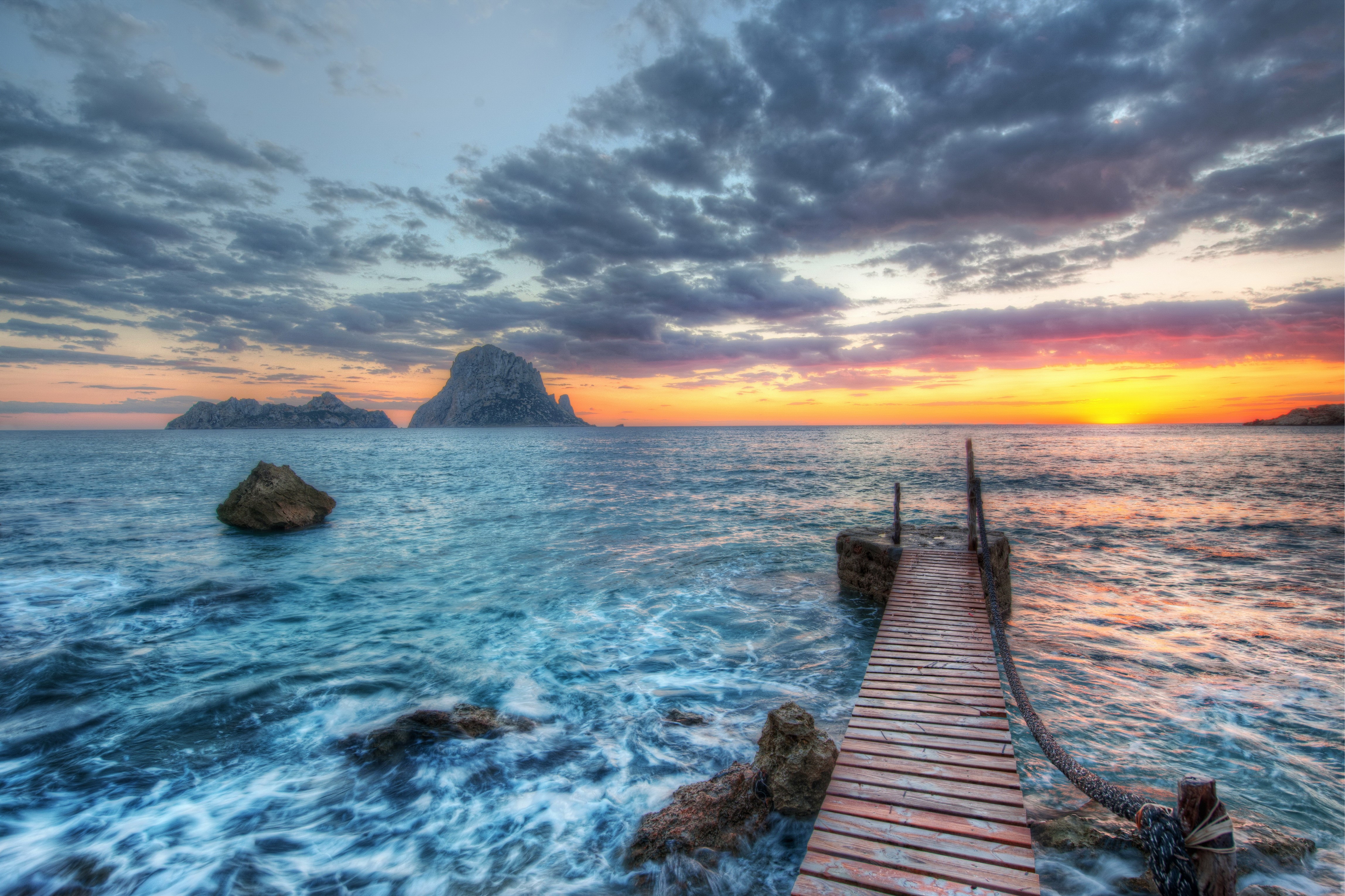 4K Sea Coast Sunrise with Islands and Pier HD Wallpaper