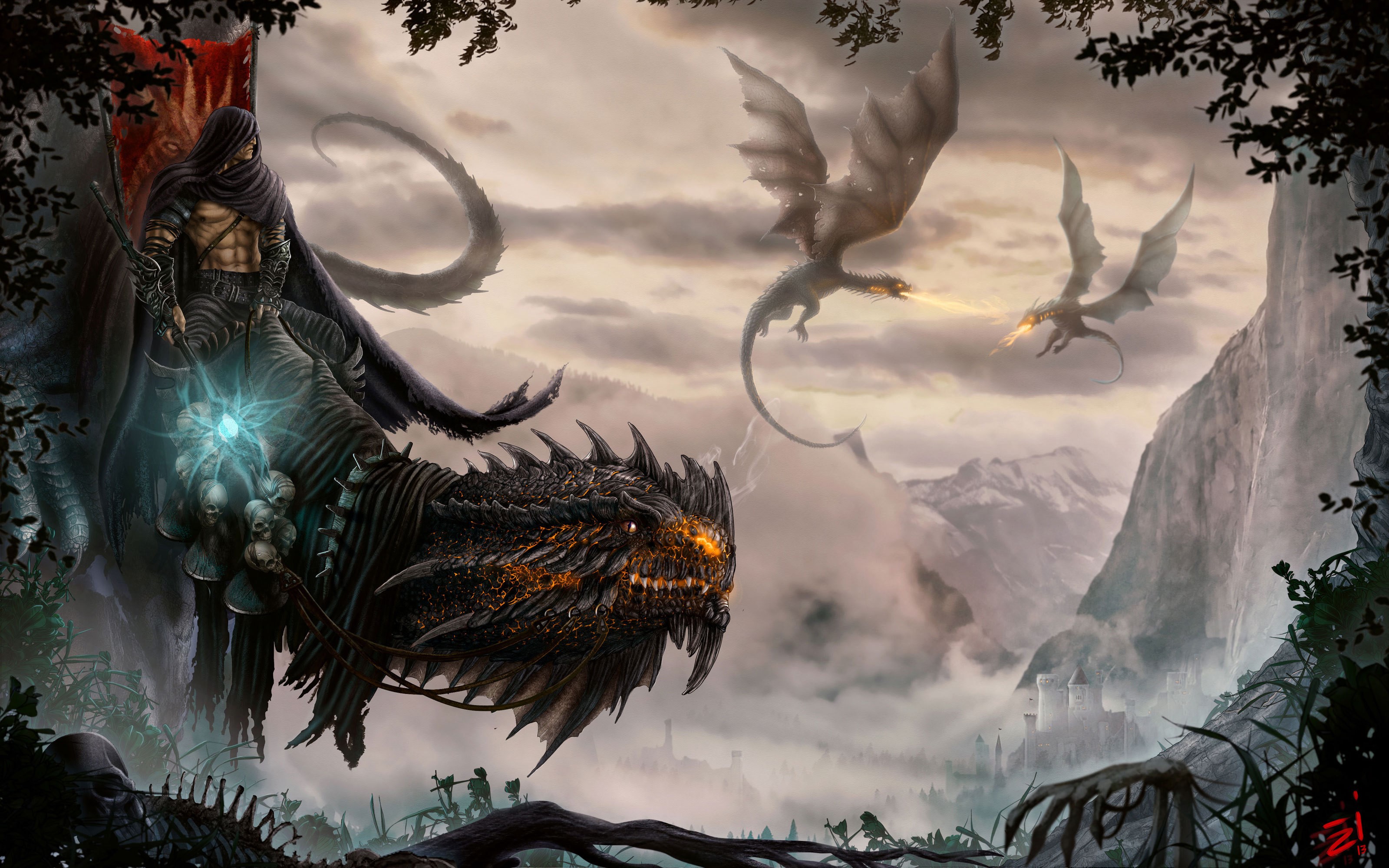 Warrior riding a dragon with mage staff and fighting dragons HD Wallpaper